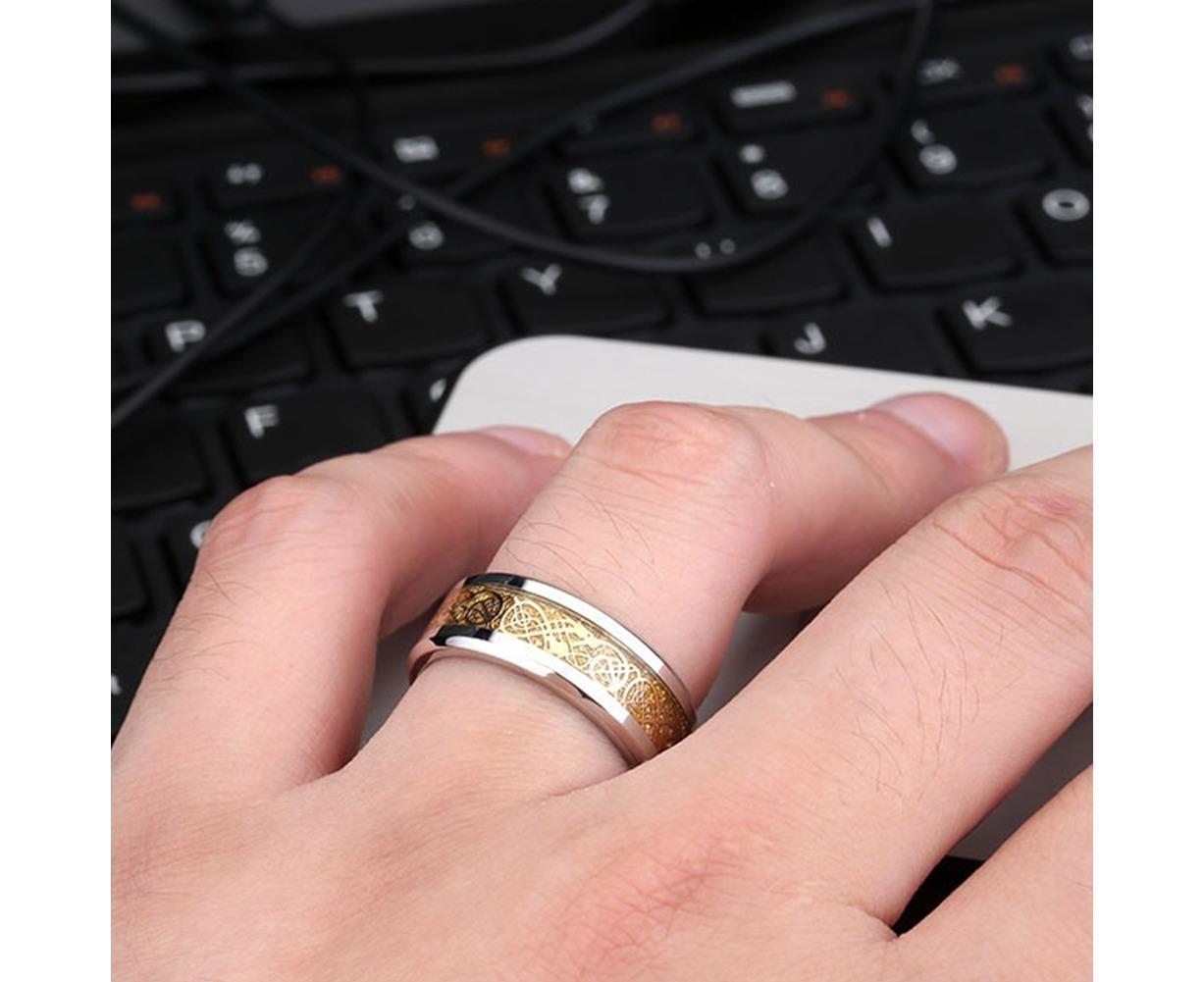 Stylish Men Titanium Steel Smooth Surface Wedding Band Finger Ring Jewelry Gift-Blue + Golden US 11 - Image 3