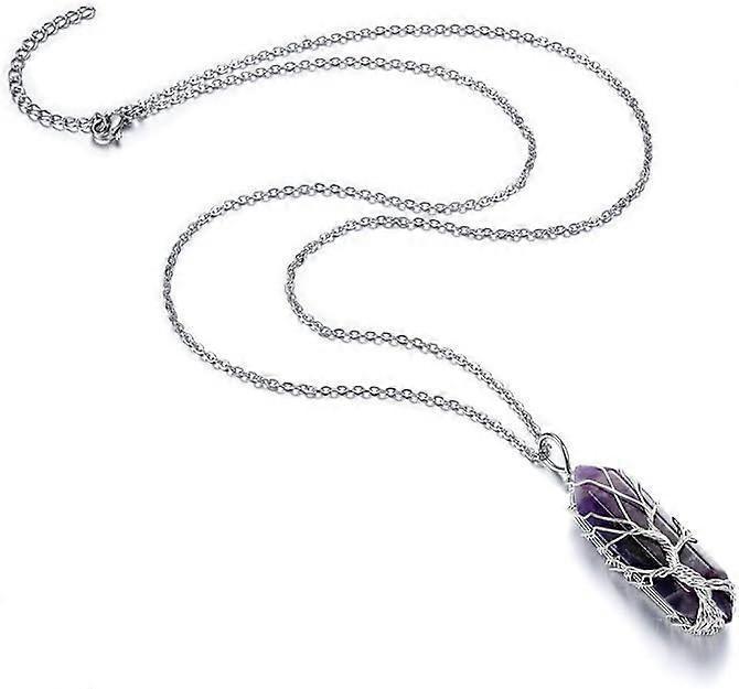 Natural Healing Crystal Stone Necklace Silver Tree Of Life Wire Wrapped Hexagonal Crystal Points Pendant Necklace for Women - Image 2