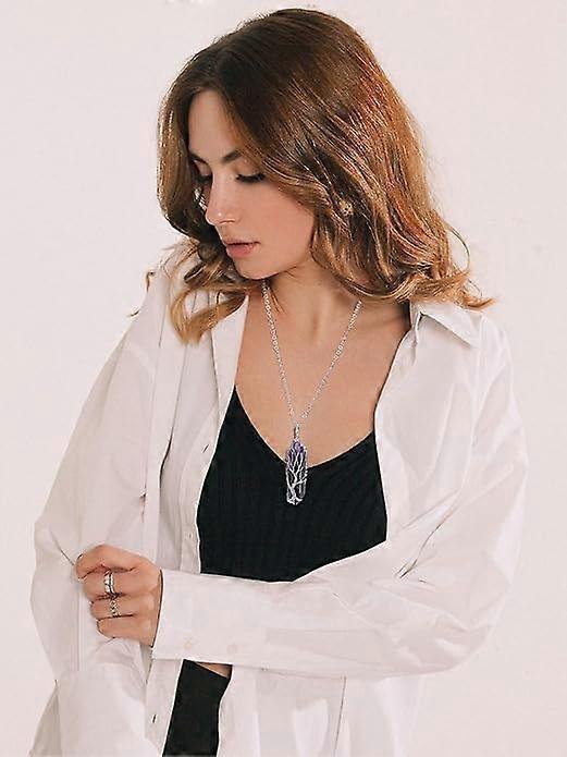 Natural Healing Crystal Stone Necklace Silver Tree Of Life Wire Wrapped Hexagonal Crystal Points Pendant Necklace for Women - Image 3
