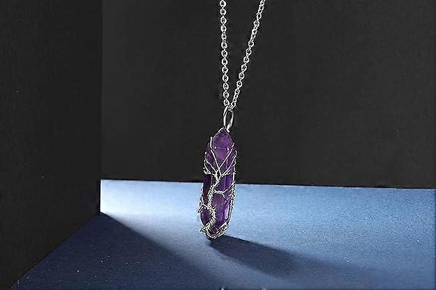 Natural Healing Crystal Stone Necklace Silver Tree Of Life Wire Wrapped Hexagonal Crystal Points Pendant Necklace for Women - Image 4