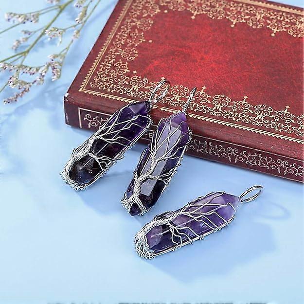 Natural Healing Crystal Stone Necklace Silver Tree Of Life Wire Wrapped Hexagonal Crystal Points Pendant Necklace for Women - Image 5