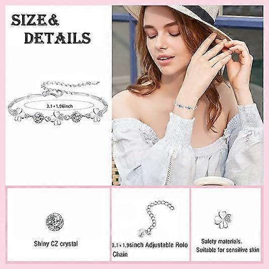 Silver Bracelet for Women,Four-Leaf Clover Bracelet Shiny Crystal Diamond Adjustable Bracelet Mother's Day Jewelry Gift Birthday Christmas Gifts for Women - Image 2