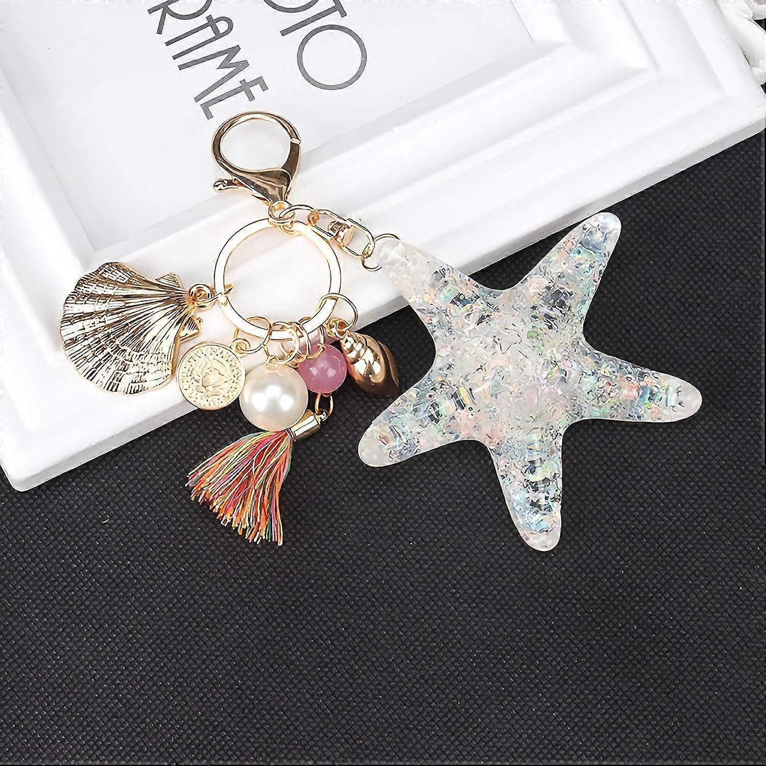 Silver Cross Rhinestone Keychain Charm Pendant Purse Bag Crystal Key Holder Arts Craft Pendant Inspiration Key Ring (starfish & shell) - Image 5