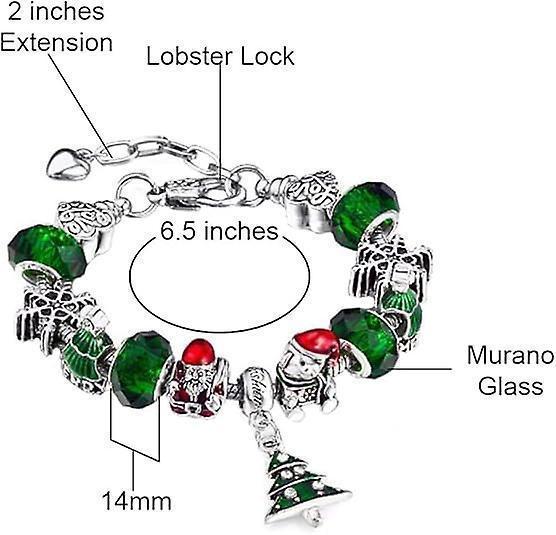 Silver Tone Charm Bracelet With Christmas Tree Bell Crystal And Murano Glass Beads Snake Chain For Women & Girls Comes In A Gift Box - Image 2
