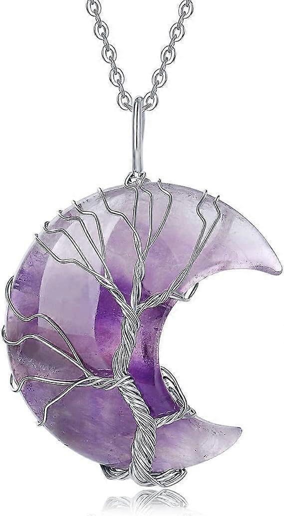 Tree of Life Wire Wrapped Crescent Moon Pendant Necklace Reiki Healing Crystal Stone Necklaces Natural Gemstone Quartz Jewelry for Women - Image 1