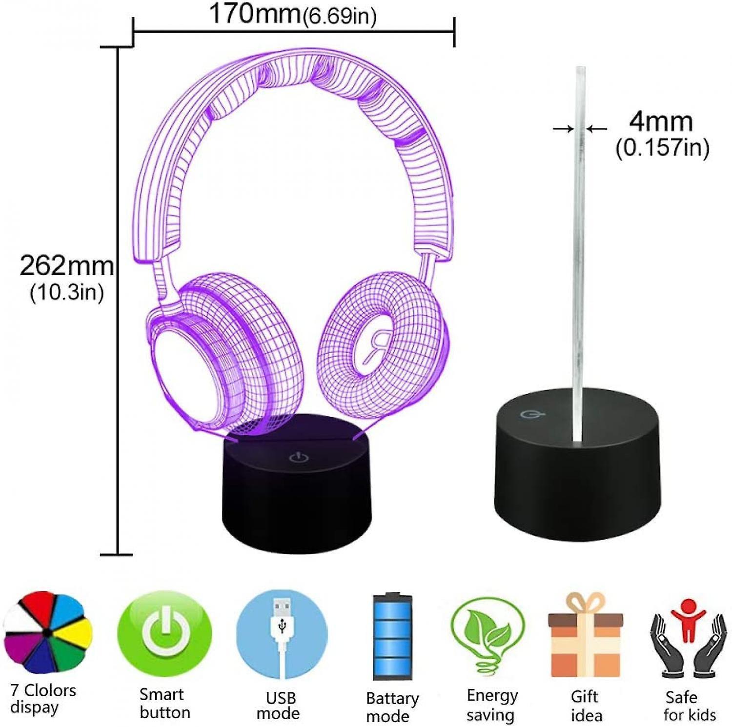 3D Illusion Headphone Headset Night Light 7 Colors - Image 3