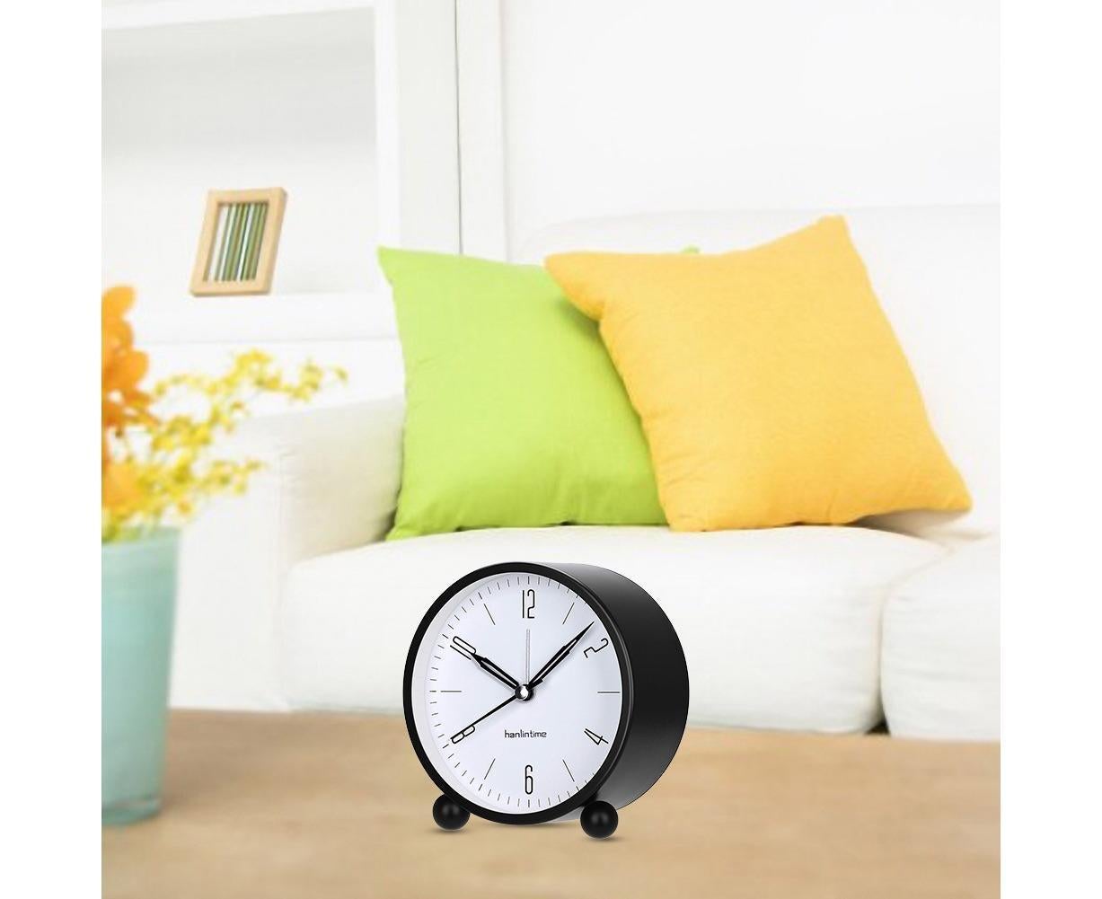 4inch Metal Round Alarm Clock Quiet Desktop Bedroom Battery Operated Timepiece - Black - Image 6