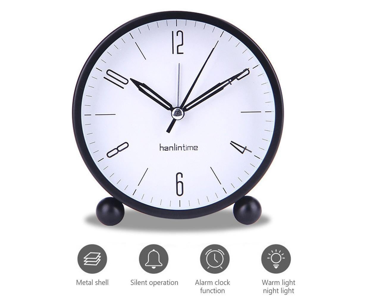 4inch Metal Round Alarm Clock Quiet Desktop Bedroom Battery Operated Timepiece - Black - Image 8