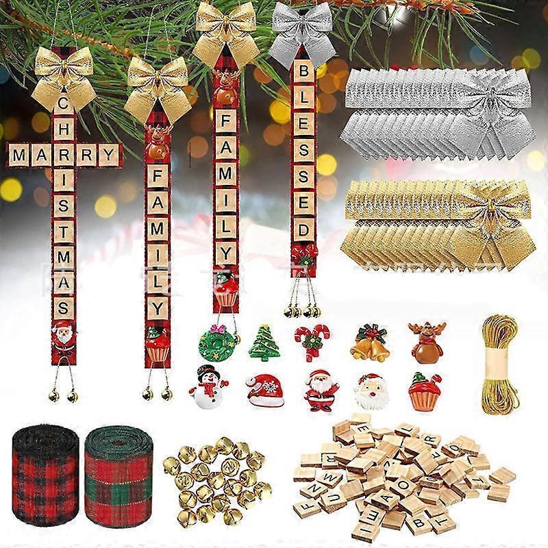 DIY Letter Christmas Tree Decorations Letter Tiles Christmas Decor Wooden Words Christmas Ornament with Linen Bells Bow Hanging Capital Letter Christmas - Image 1