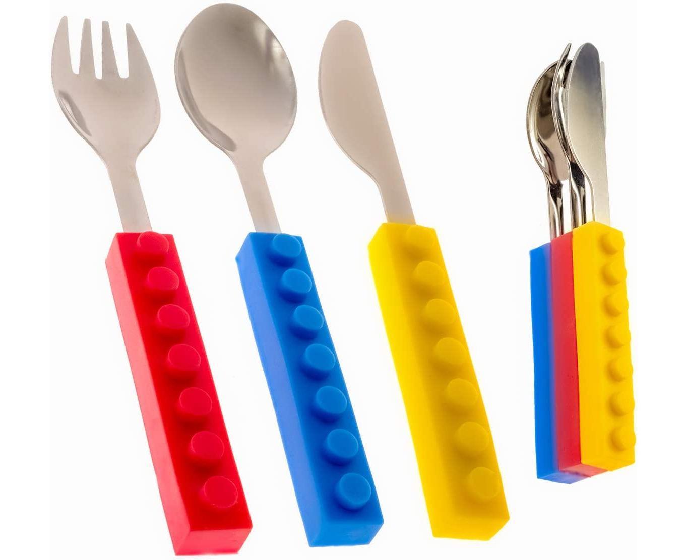 Set of 3 Interlocking Block Babies Silverware - Babies Fork and Spoon Set with Babies Knife for Babies - Non-BPA Babies Cutlery and Babies secure Stainless Ste - Image 1