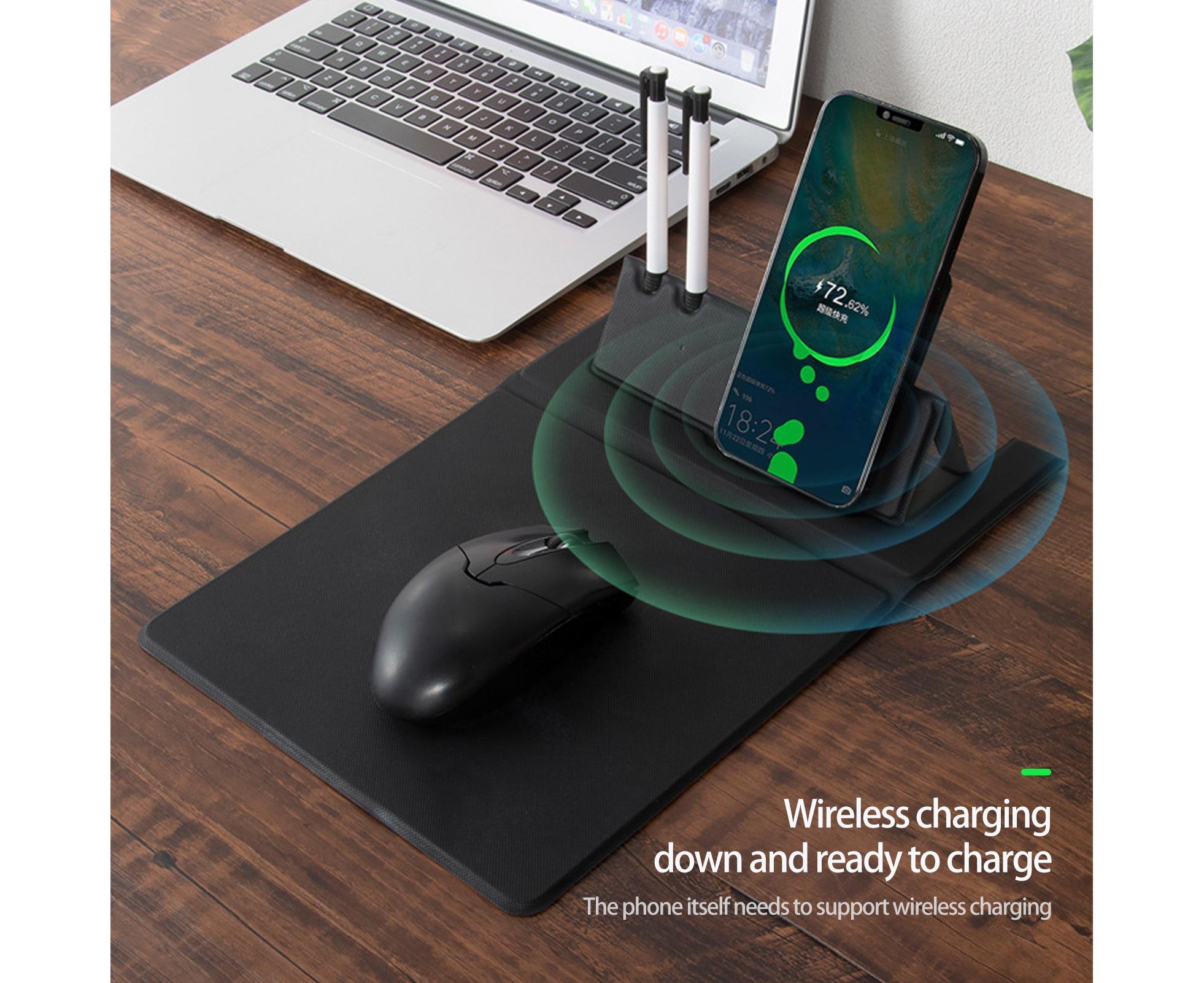 1 Set Wireless Charger Pad 15 W Delicate Texture Pen Storage Fast Induction with Mouse Pad QI Standard Folding Multifunctional Wireless Charger - Black - Image 2