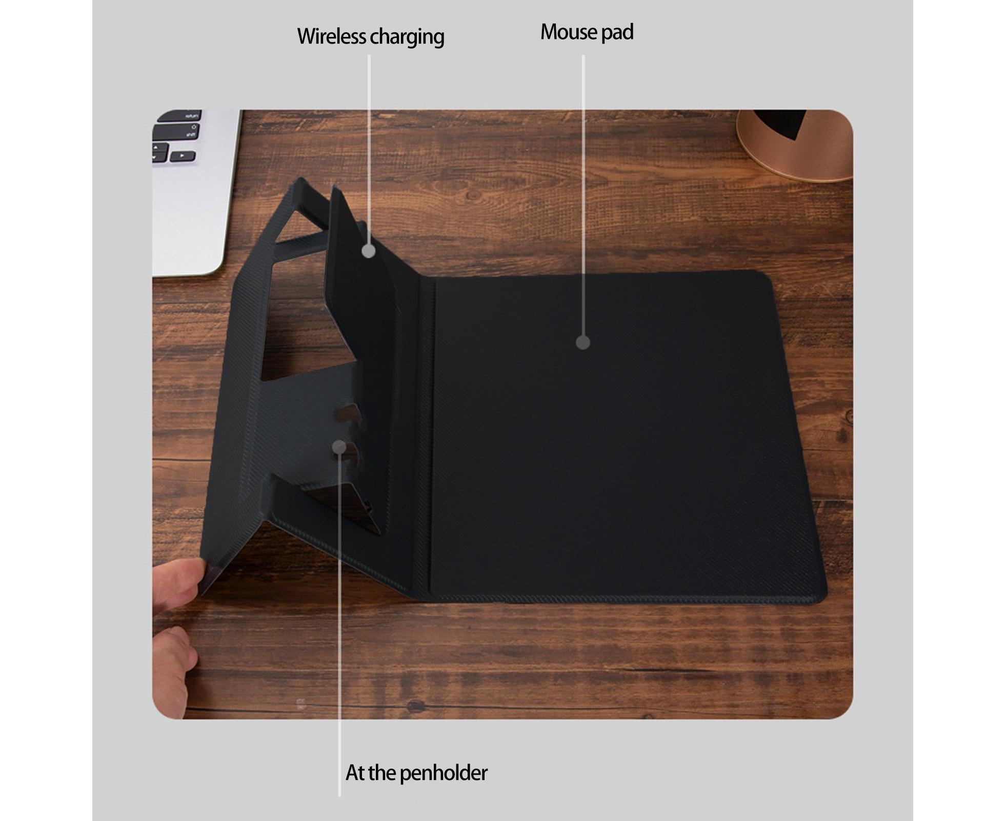 1 Set Wireless Charger Pad 15 W Delicate Texture Pen Storage Fast Induction with Mouse Pad QI Standard Folding Multifunctional Wireless Charger - Black - Image 6
