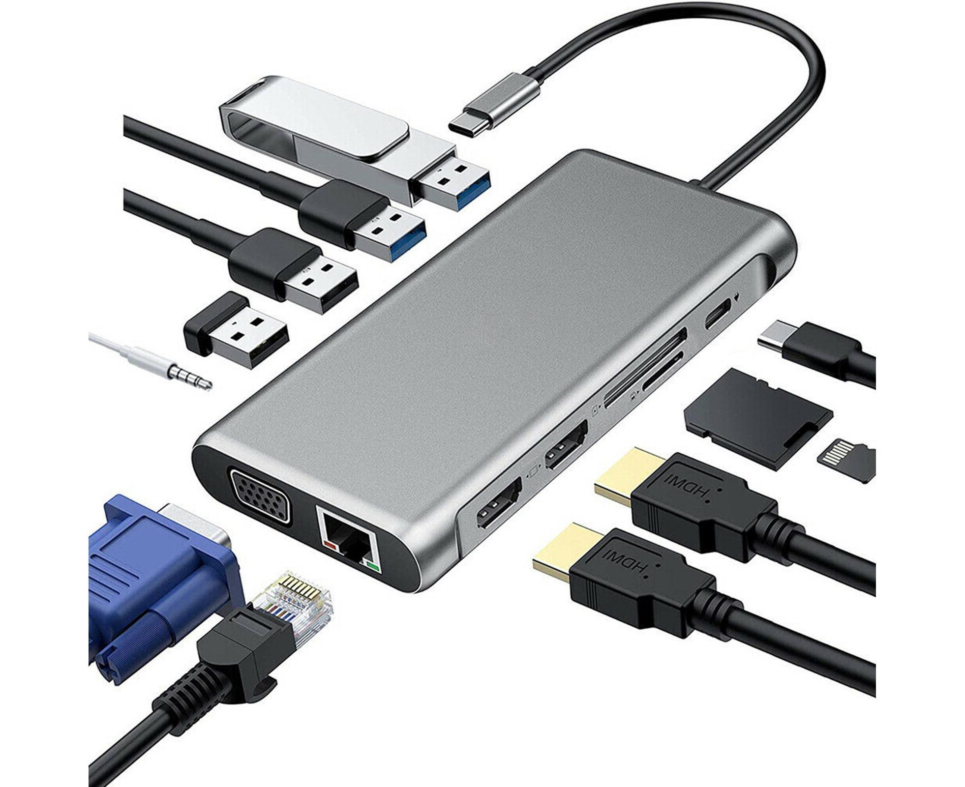 12 in 1 Multi-Interface Connection Type-C Expansion Dock Dual HDMI-compatible Converter - Grey - Image 2