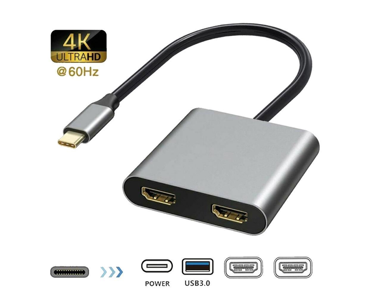 4 in1 Type C to Dual HDMI-compatible USB 3.0 4K Display Adapter Converter for MacBook Pro - Grey - Image 1
