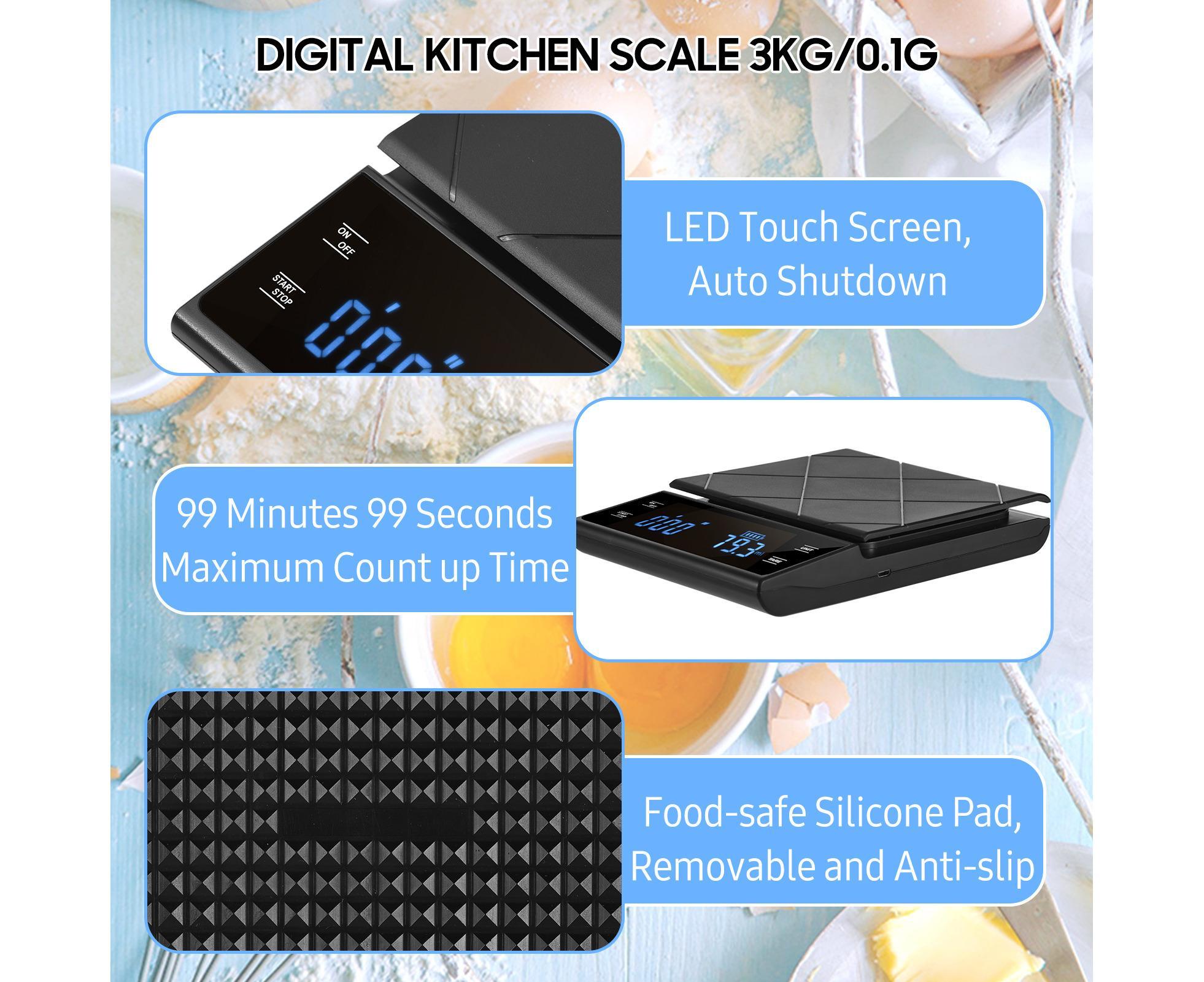 Digital LED Touch Kitchen Scale 3kg/ 0.1g High Precision Time Counting Coffee Brewing Scale Portable Electronic Food Scales with Unit Change - Image 4