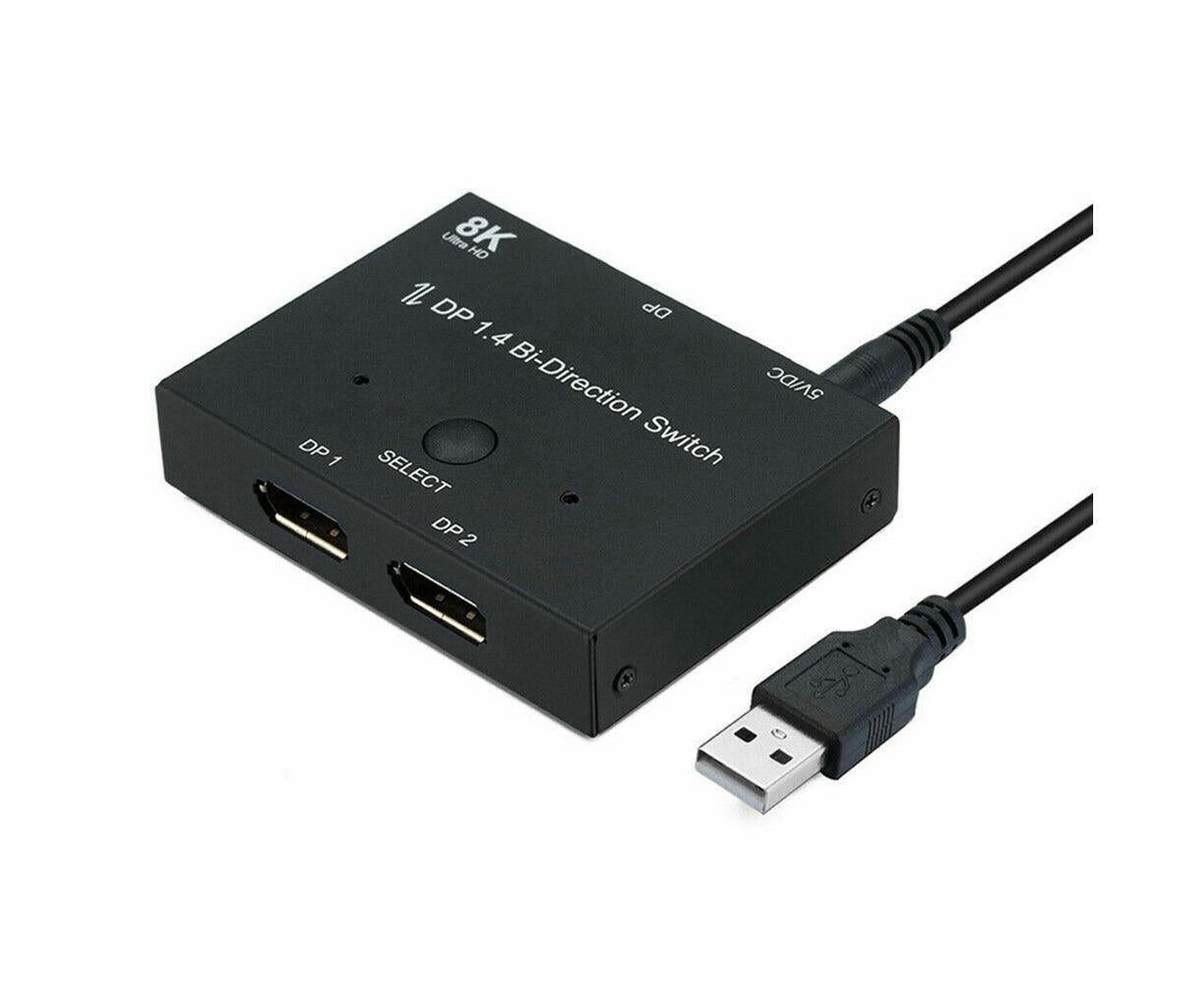 8K DP 1 In 2 Out Displayport Splitter Switch for HDTV Graphics Card Computer - Black - Image 1