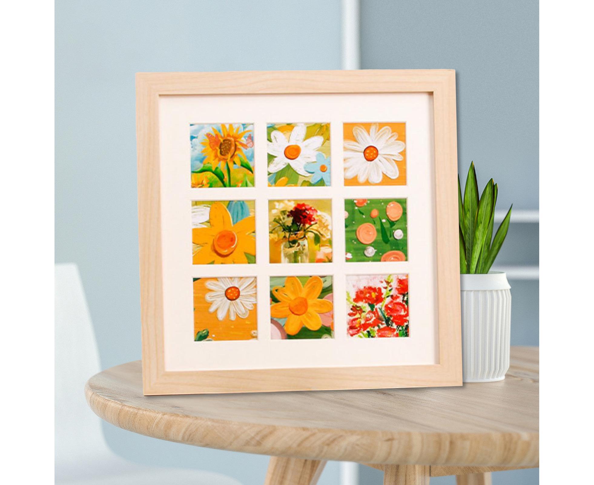 1 Set Painting Frame Not Easily Deformed Sturdy Square 4/9 Grids Picture Display Stands Home Supply - Light Brown - Image 4