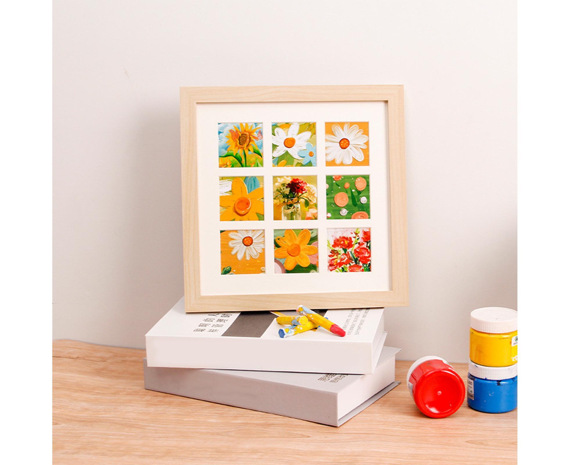 1 Set Painting Frame Not Easily Deformed Sturdy Square 4/9 Grids Picture Display Stands Home Supply - Light Brown - Image 5