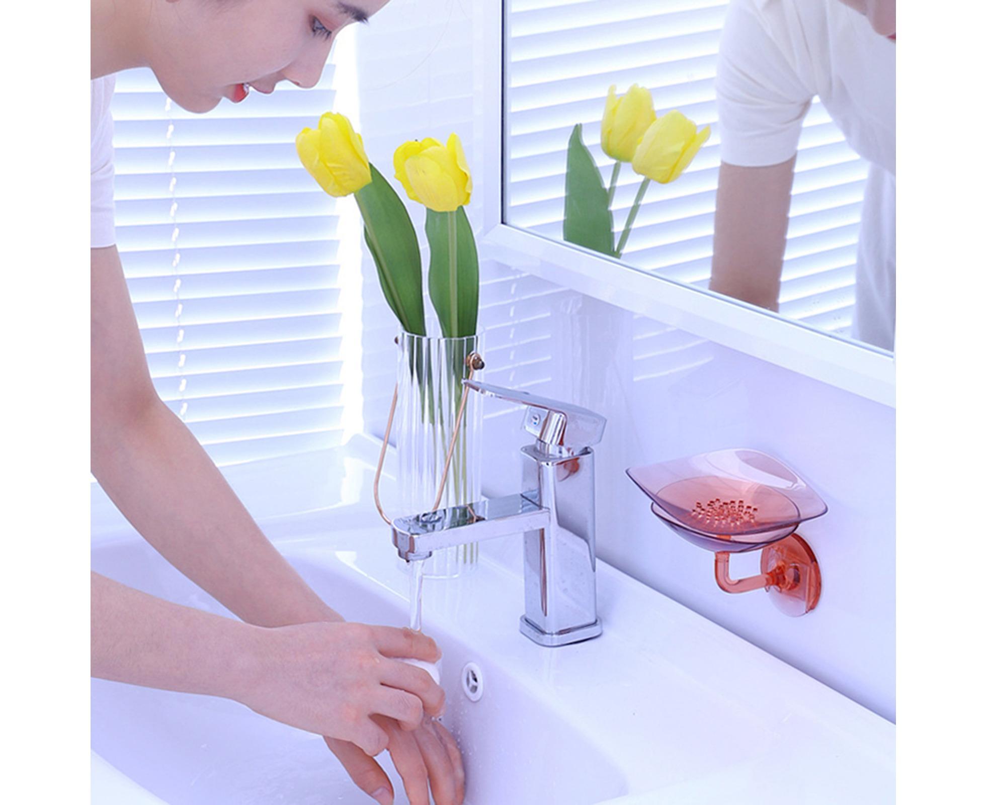 1 Set Soap Holder Wall Mounted Punch-free Self Adhesive with Draining Hole Petal Shape Bathroom Shower Soap Dish Household Supplies - Pink - Image 7