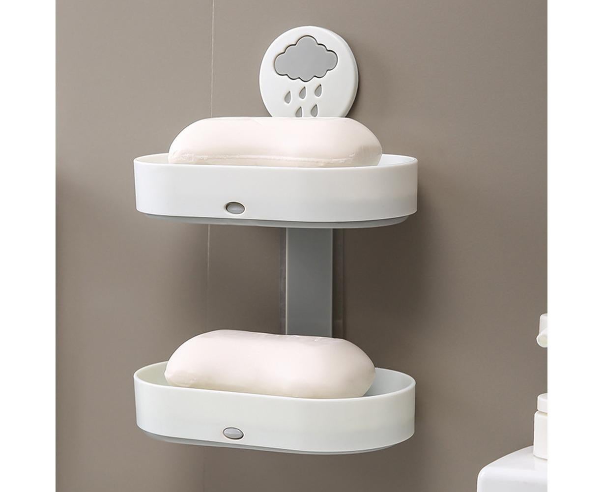 2-layer Cute Cloud Punch Free Soap Storage Box Draining Rack Bathroom Organizer-Light Blue - Image 2
