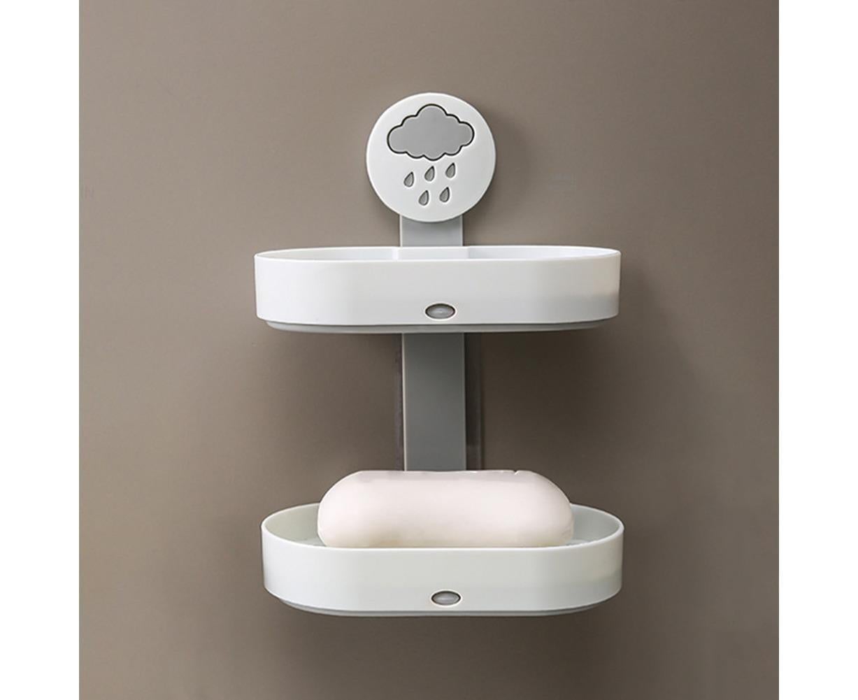 2-layer Cute Cloud Punch Free Soap Storage Box Draining Rack Bathroom Organizer-Light Blue - Image 3