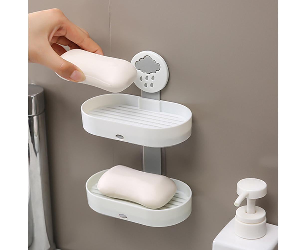 2-layer Cute Cloud Punch Free Soap Storage Box Draining Rack Bathroom Organizer-Light Blue - Image 4