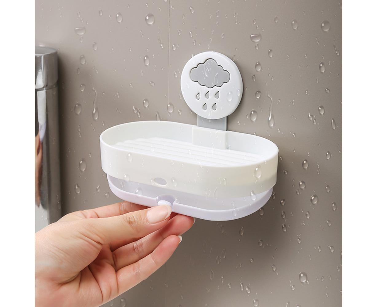 2-layer Cute Cloud Punch Free Soap Storage Box Draining Rack Bathroom Organizer-Light Blue - Image 5