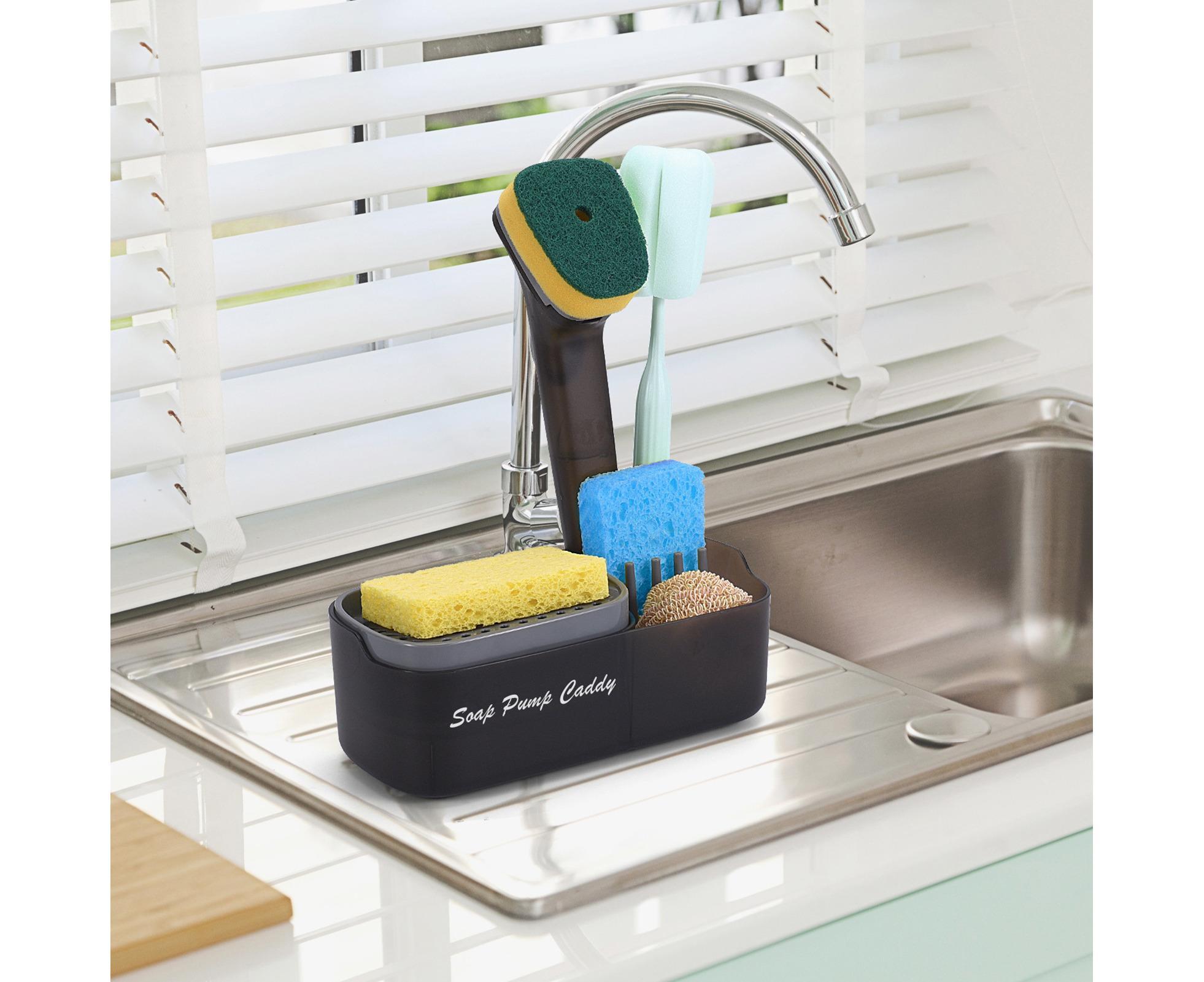 3-in-1 Multi-functional Soap Box with Sponge Holder Hollow Drain Pan Instant Refill Countertop Sink Dish Washing Liquid Soap Dispenser for Kitchen - Image 4