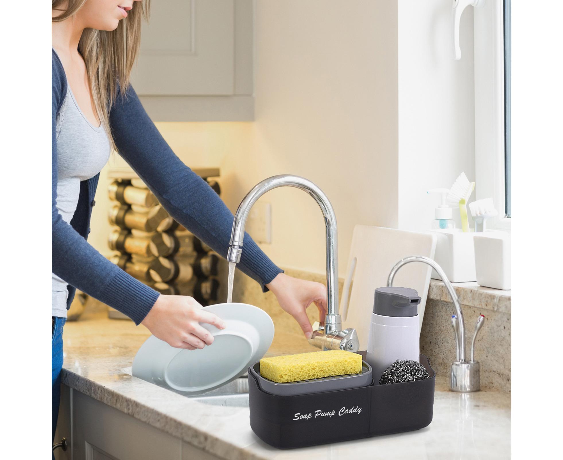 3-in-1 Multi-functional Soap Box with Sponge Holder Hollow Drain Pan Instant Refill Countertop Sink Dish Washing Liquid Soap Dispenser for Kitchen - Image 6
