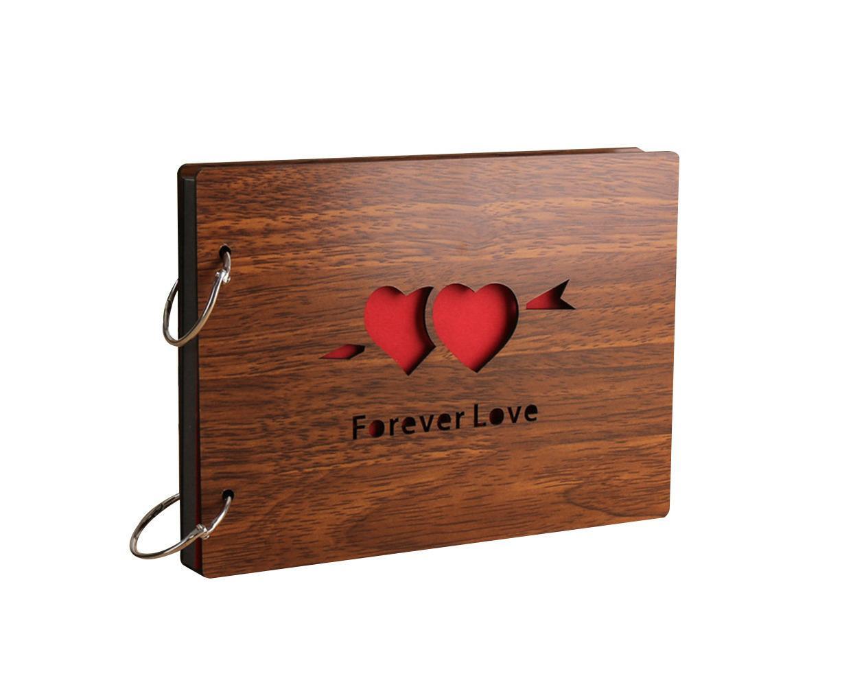 8 inch Vintage Wood Cover Photo Album Book Black Pages Anniversary Scrapbook - Image 1