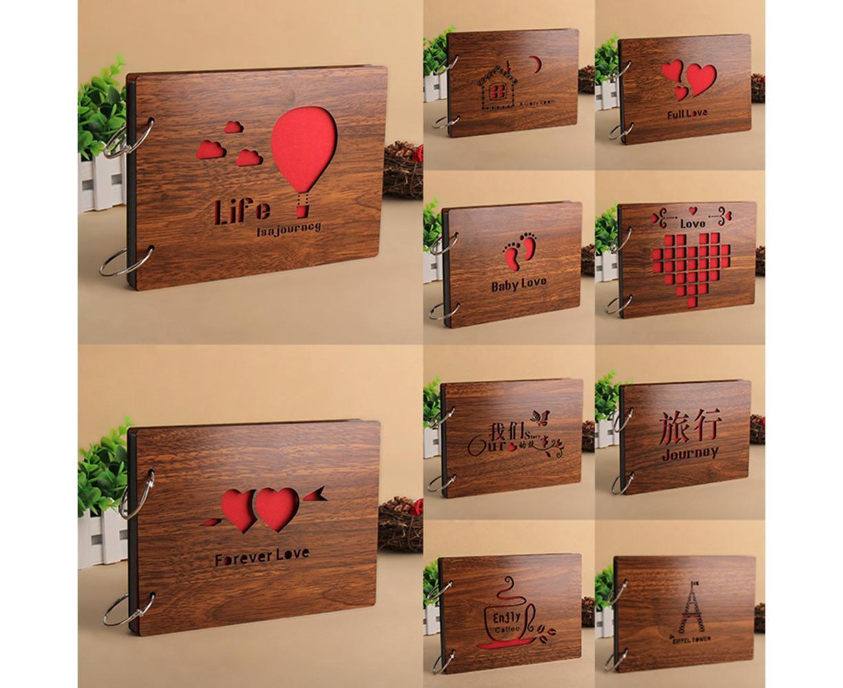 8 inch Vintage Wood Cover Photo Album Book Black Pages Anniversary Scrapbook - Image 2