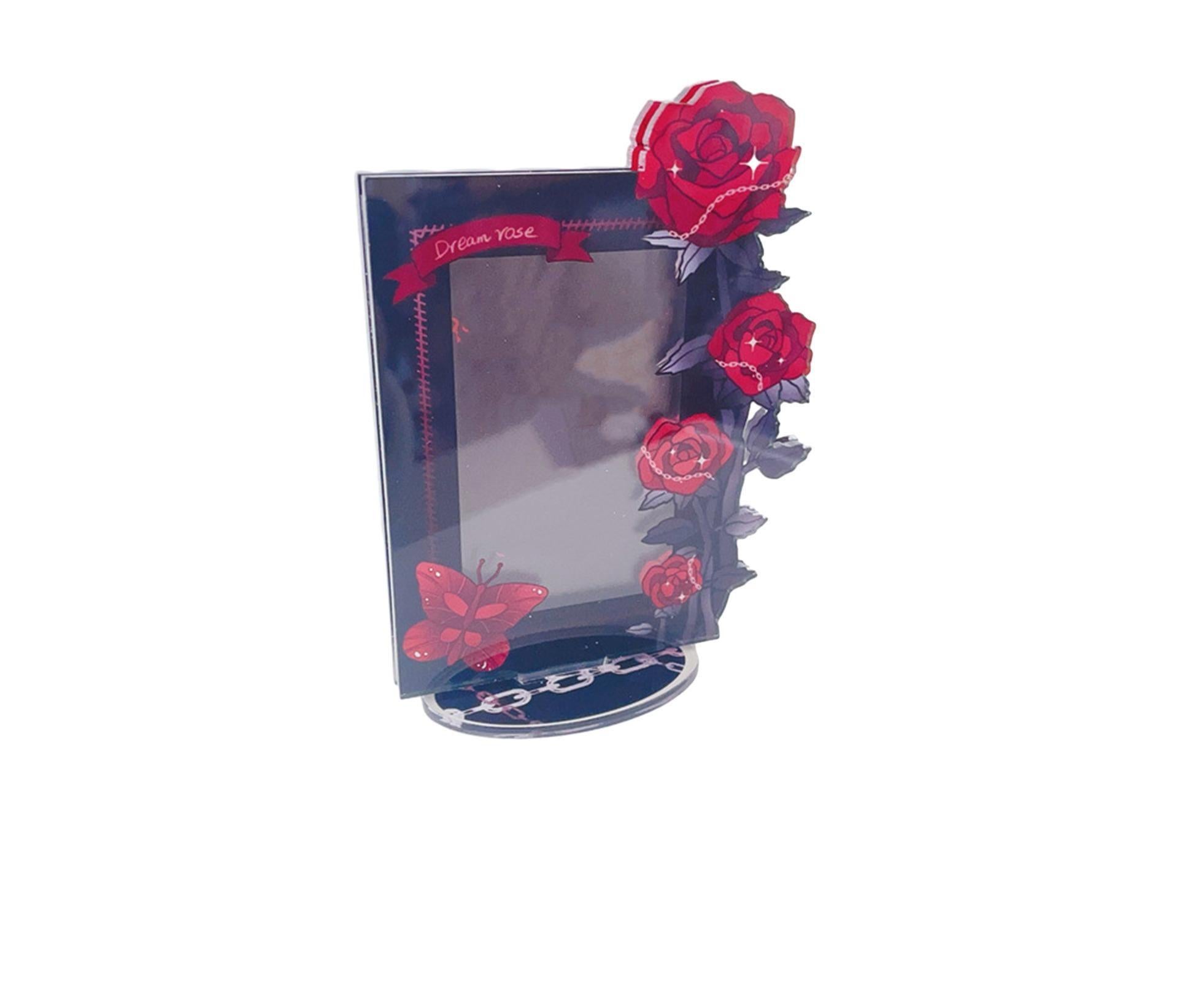 Acrylic Photocard Holder Rose Lily Flower Theme Heavy Duty Standing Mini Photo Stand Picture Display Frame Table Decoration - Red - Image 1