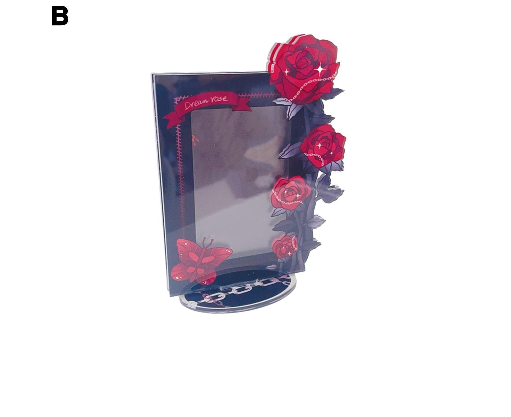 Acrylic Photocard Holder Rose Lily Flower Theme Heavy Duty Standing Mini Photo Stand Picture Display Frame Table Decoration - Red - Image 3