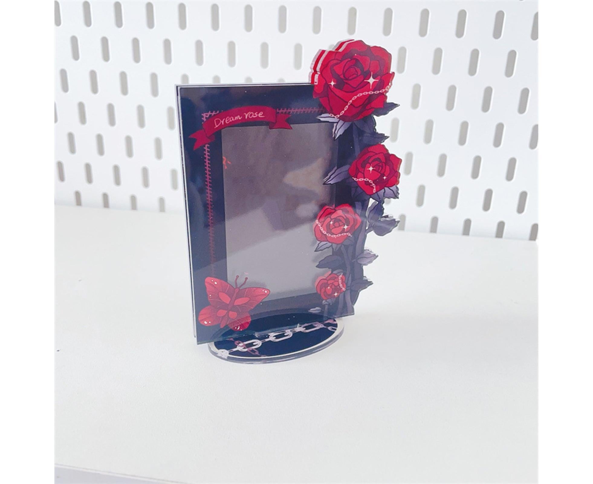 Acrylic Photocard Holder Rose Lily Flower Theme Heavy Duty Standing Mini Photo Stand Picture Display Frame Table Decoration - Red - Image 4