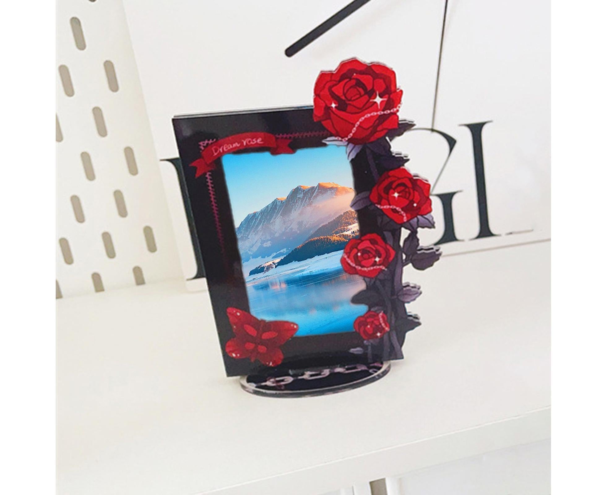 Acrylic Photocard Holder Rose Lily Flower Theme Heavy Duty Standing Mini Photo Stand Picture Display Frame Table Decoration - Red - Image 5