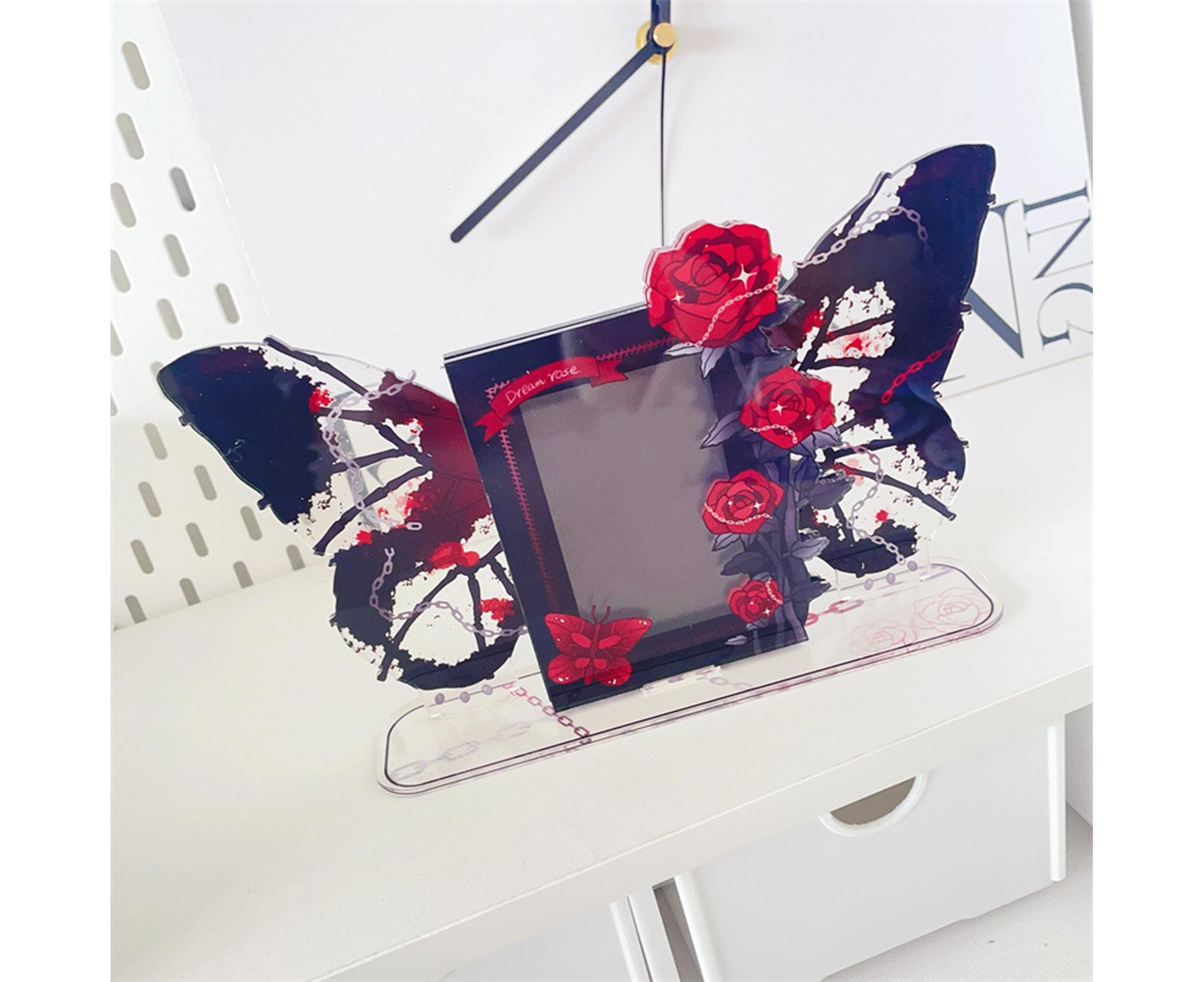 Acrylic Photocard Holder Rose Lily Flower Theme Heavy Duty Standing Mini Photo Stand Picture Display Frame Table Decoration - Red - Image 4