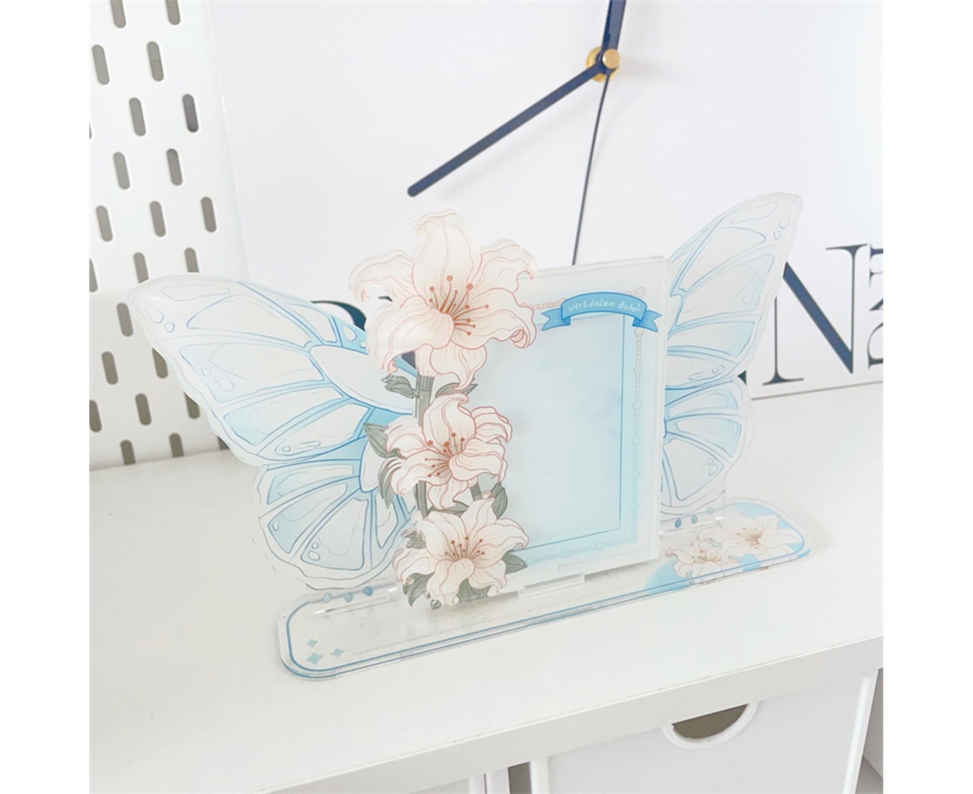 Acrylic Photocard Holder Rose Lily Flower Theme Heavy Duty Standing Mini Photo Stand Picture Display Frame Table Decoration - Blue - Image 5