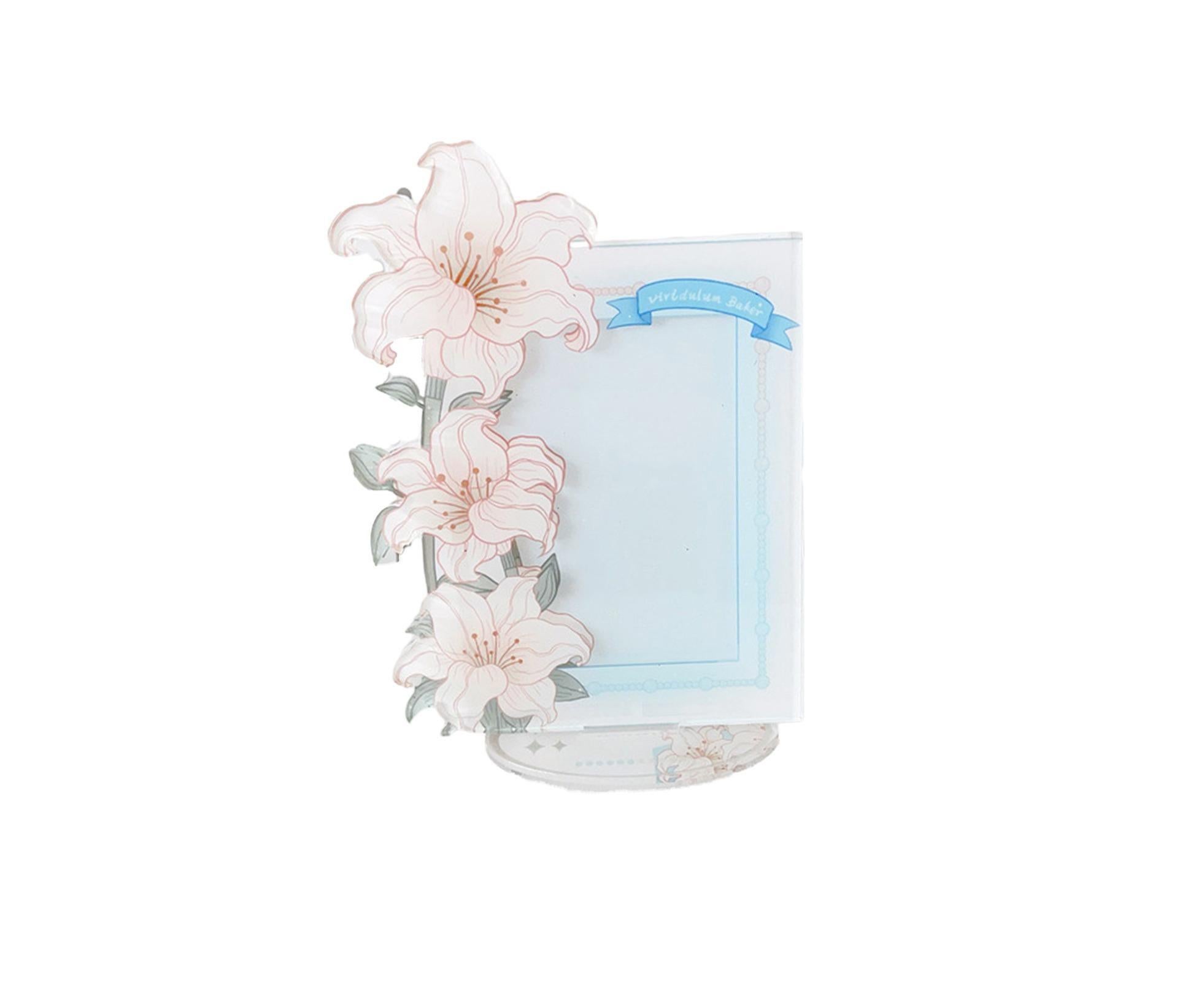 Acrylic Photocard Holder Rose Lily Flower Theme Heavy Duty Standing Mini Photo Stand Picture Display Frame Table Decoration - Blue - Image 1