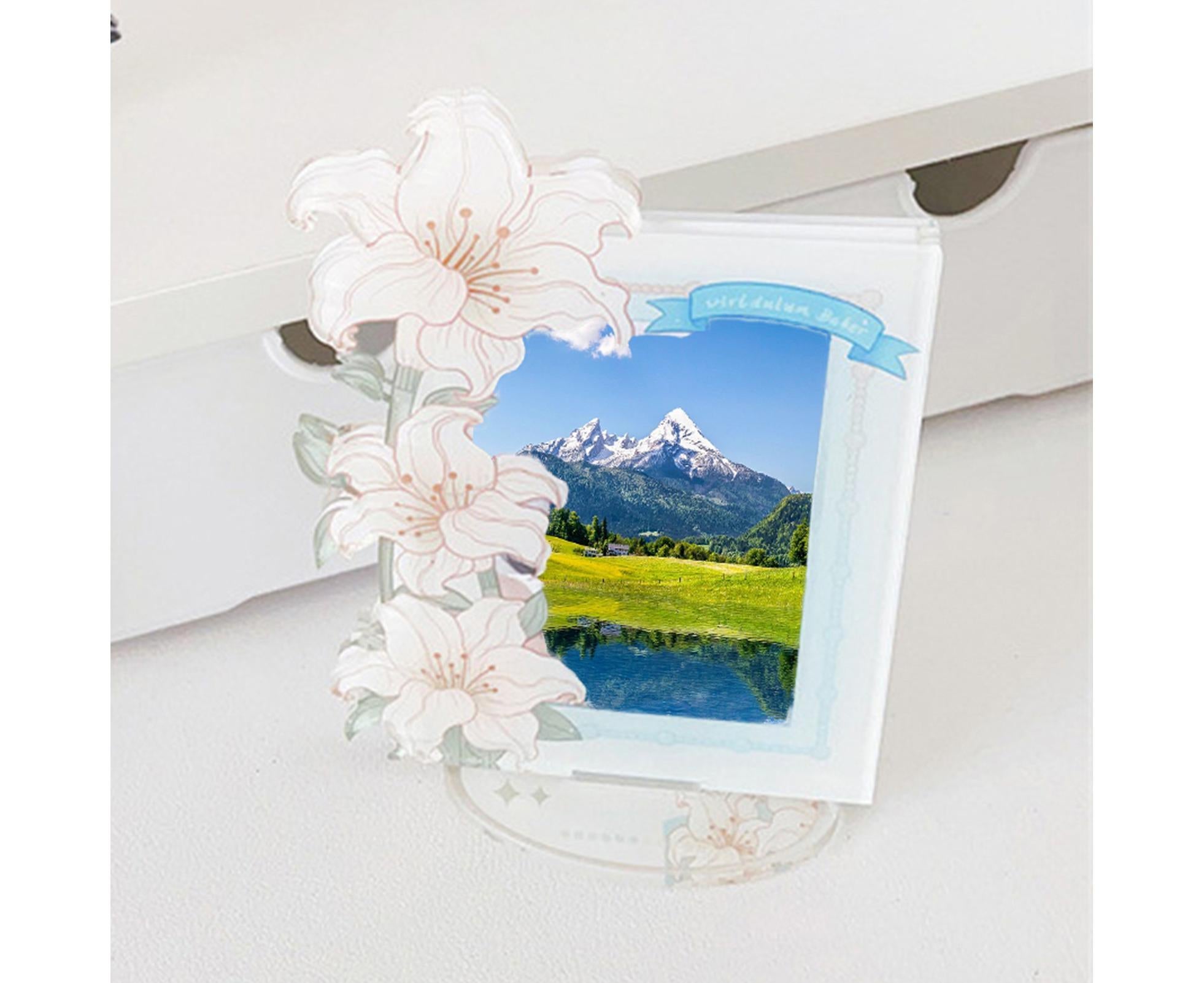 Acrylic Photocard Holder Rose Lily Flower Theme Heavy Duty Standing Mini Photo Stand Picture Display Frame Table Decoration - Blue - Image 3