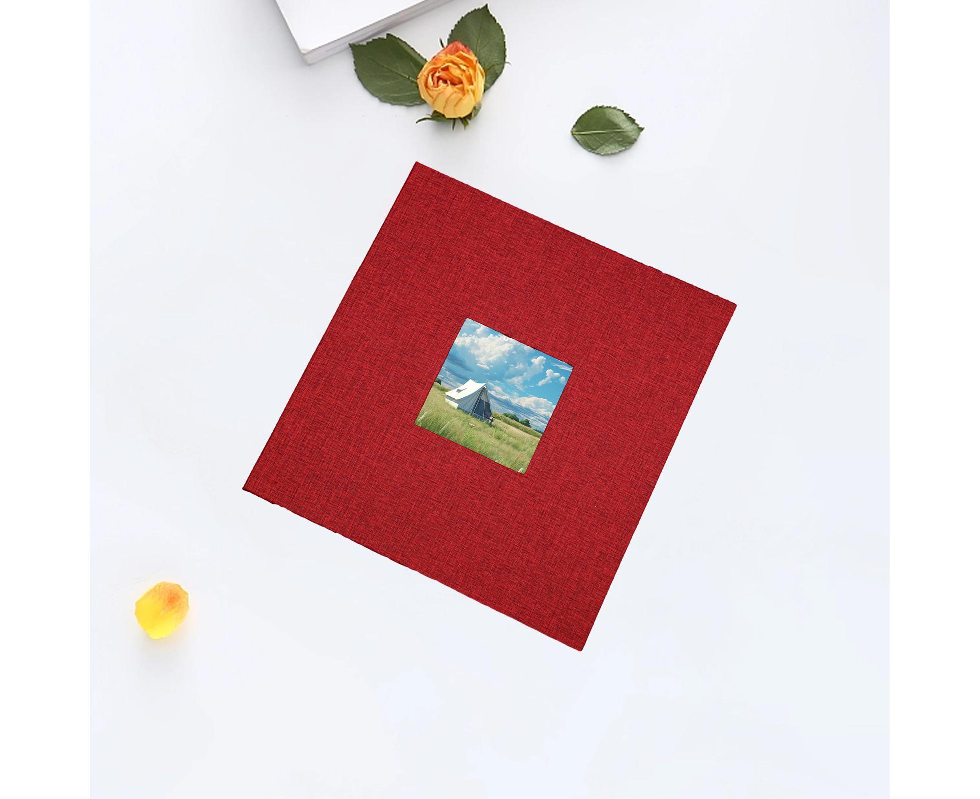 Photo Album 40 Pages Linen Cover Hardcover Reusable Sticky Stamp Collection Book Family Photos Storage Memory Book Scrapbook with Box - Red - Image 5