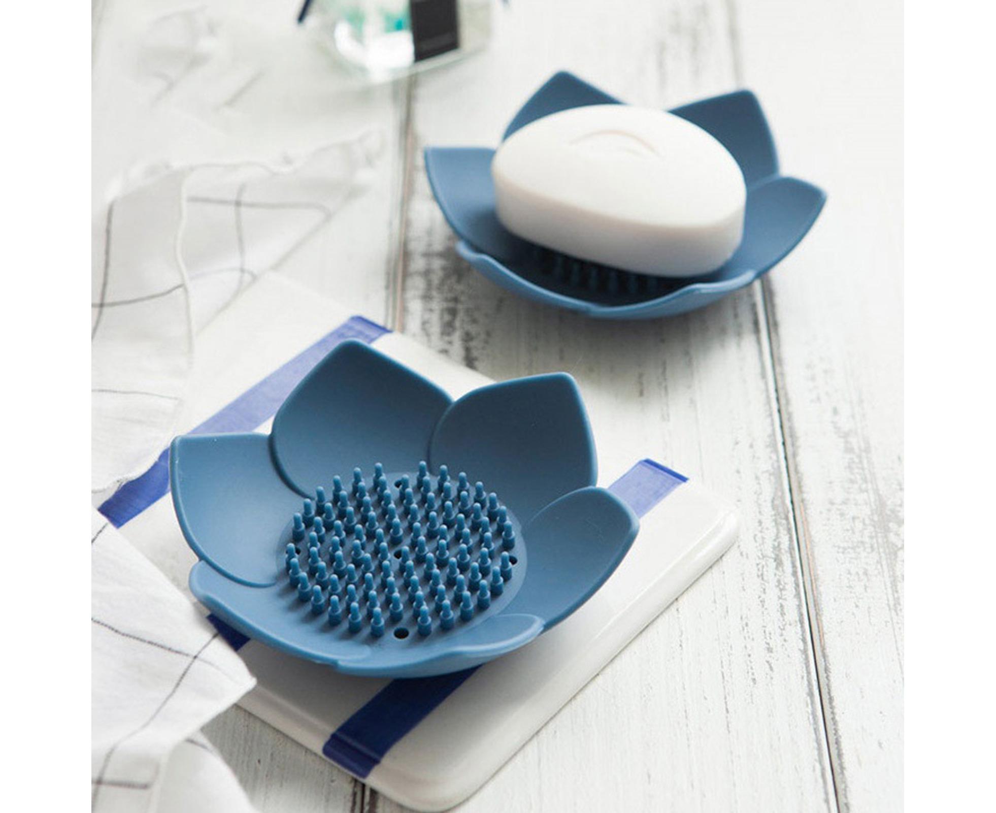 Soap Box Non-slip Lightweight Lotus Shape Box Silicone Draining Soap Dish for Home-Blue - Image 2