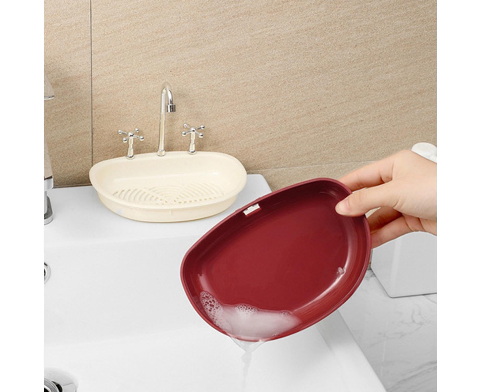 Soap Dish Creative Punch-free Double Layers Vanity Sink Shape Draining Soap Dish Bathroom Accessory-Wine Red - Image 3