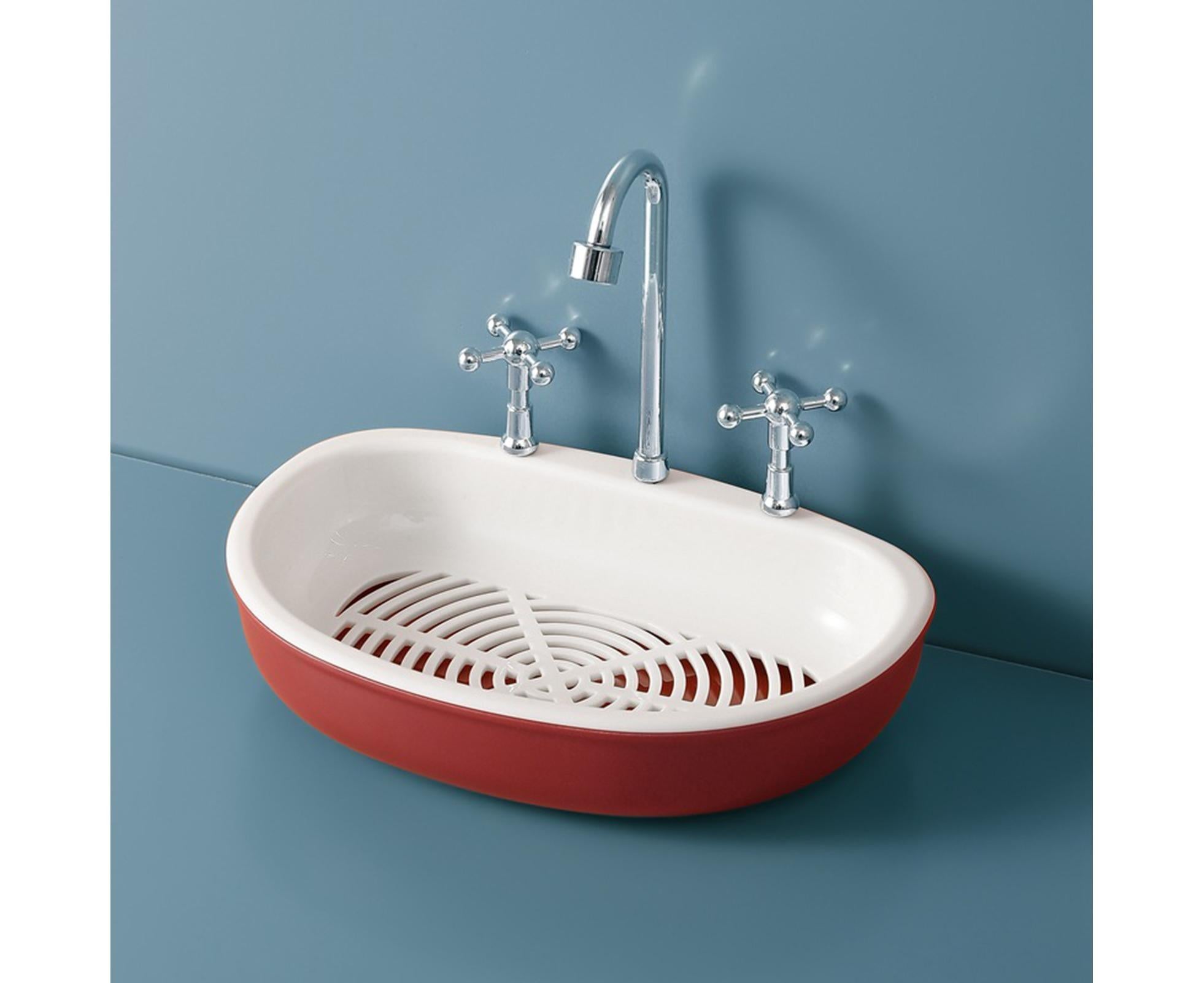 Soap Dish Creative Punch-free Double Layers Vanity Sink Shape Draining Soap Dish Bathroom Accessory-Wine Red - Image 5