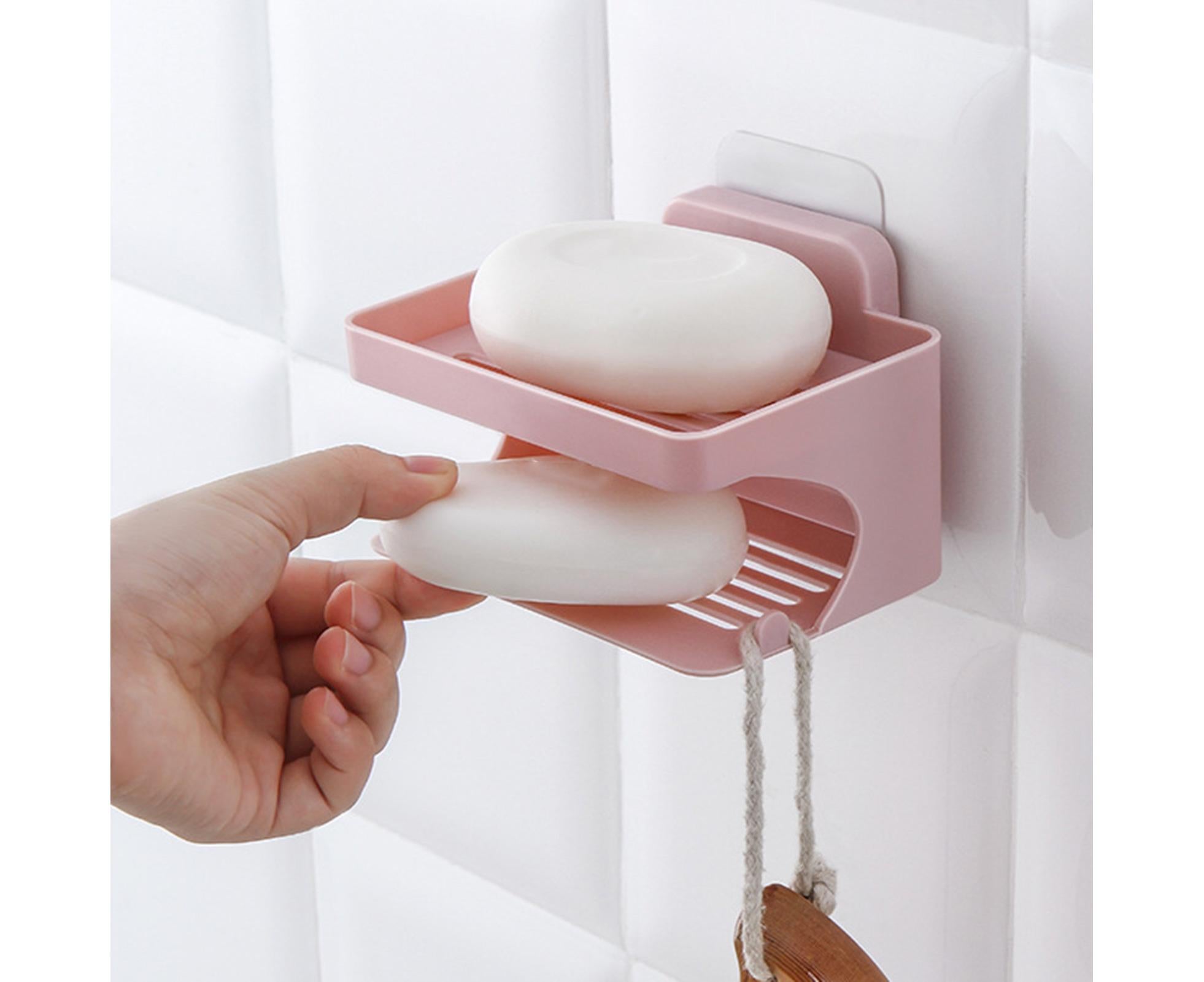 Soap Holder Double Deck Wall Mount No Punching Trace Free Non-slip Storage ABS Self Draining Soap Rack Bathroom Supplies-Pink - Image 3