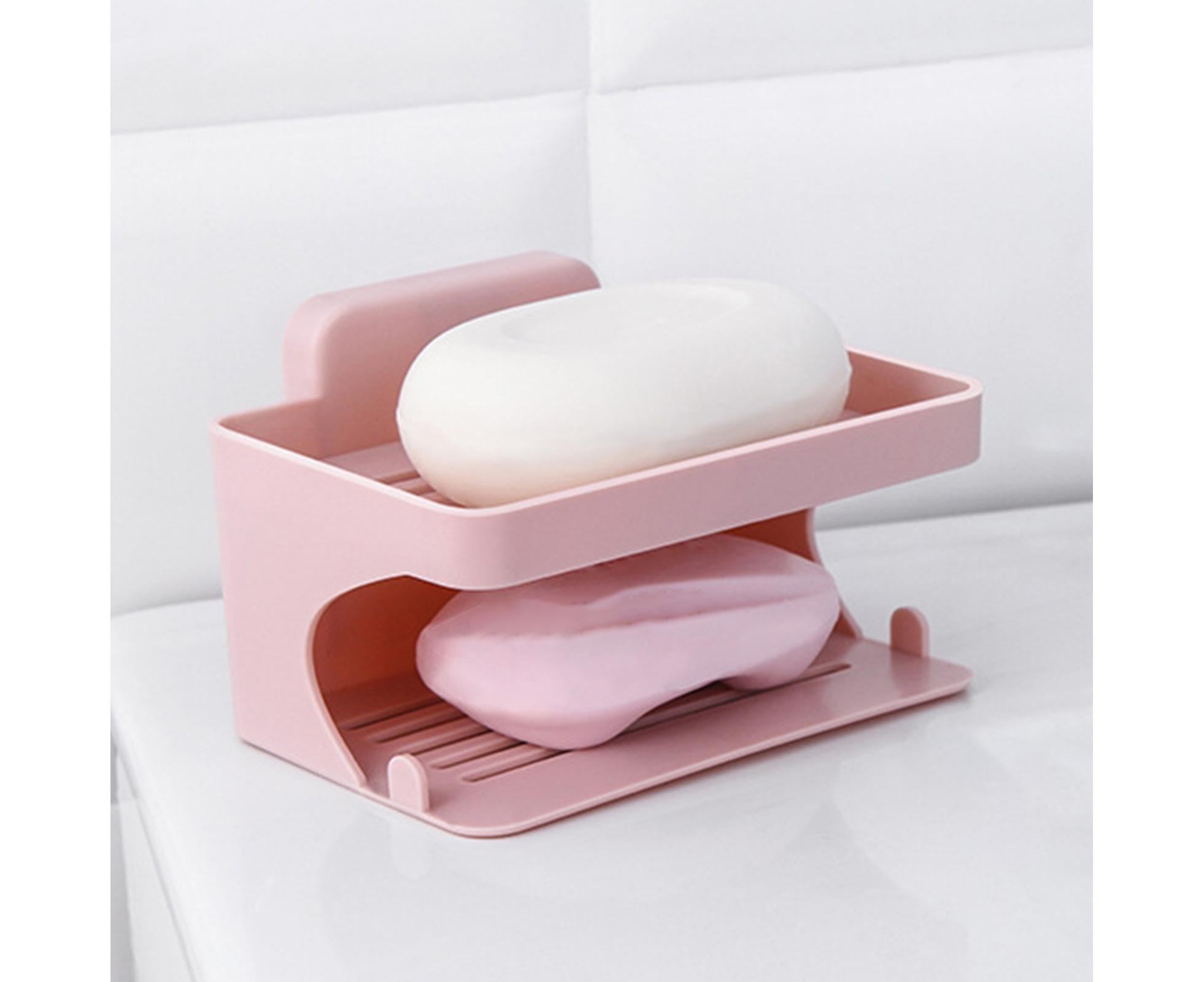 Soap Holder Double Deck Wall Mount No Punching Trace Free Non-slip Storage ABS Self Draining Soap Rack Bathroom Supplies-Pink - Image 4