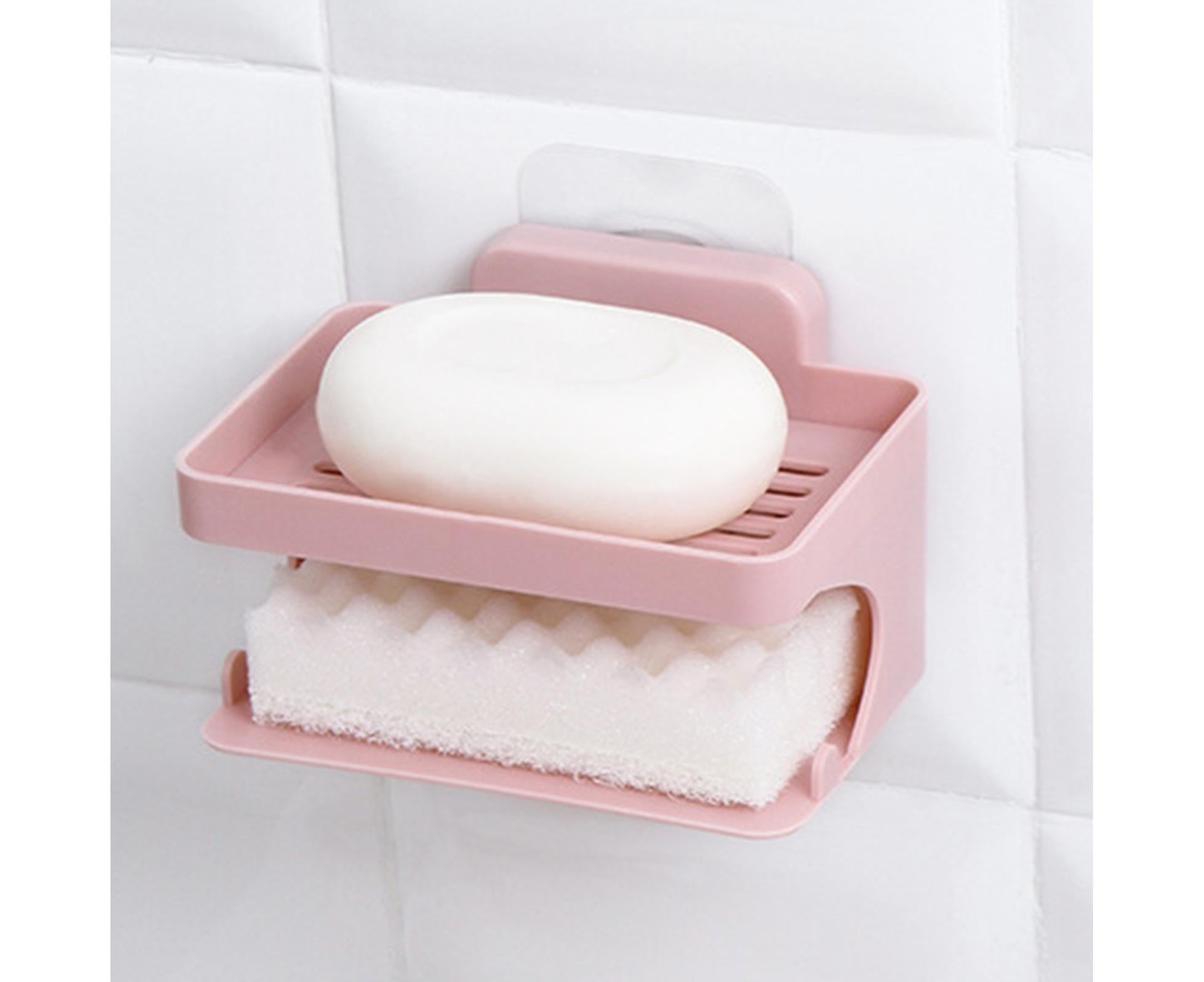 Soap Holder Double Deck Wall Mount No Punching Trace Free Non-slip Storage ABS Self Draining Soap Rack Bathroom Supplies-Pink - Image 6