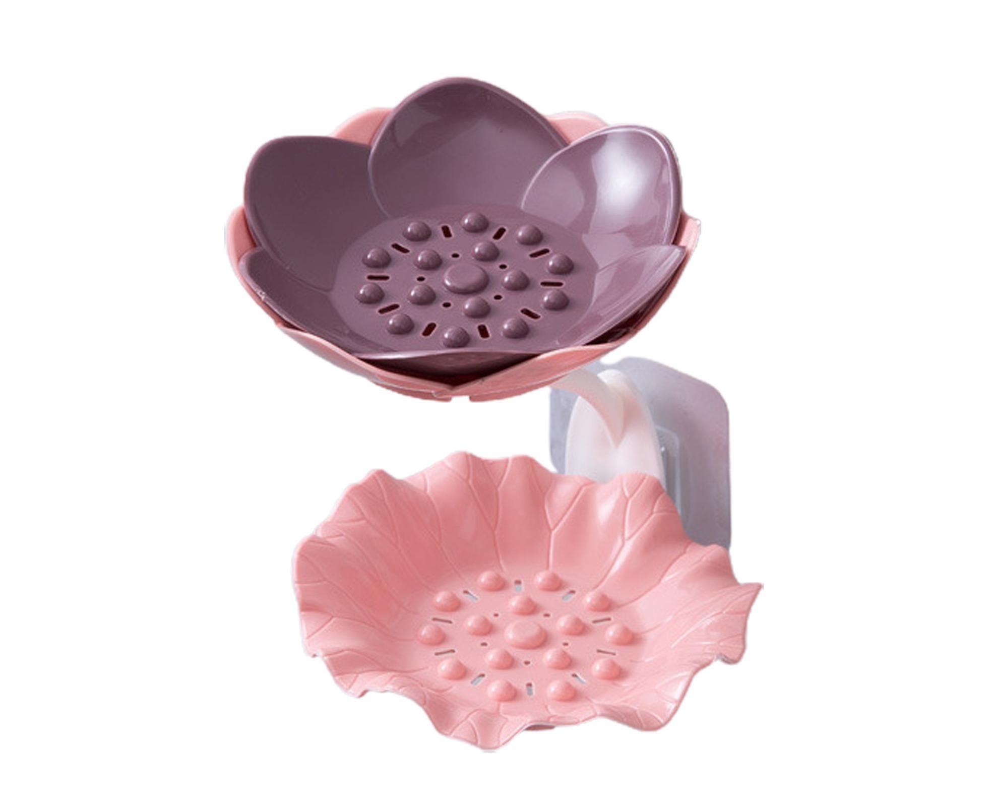 Soap Holder Quick Drainage Self Adhesive Plastic Cute Flower Shape Punch-free Soap Box for Bathroom-Pink - Image 1
