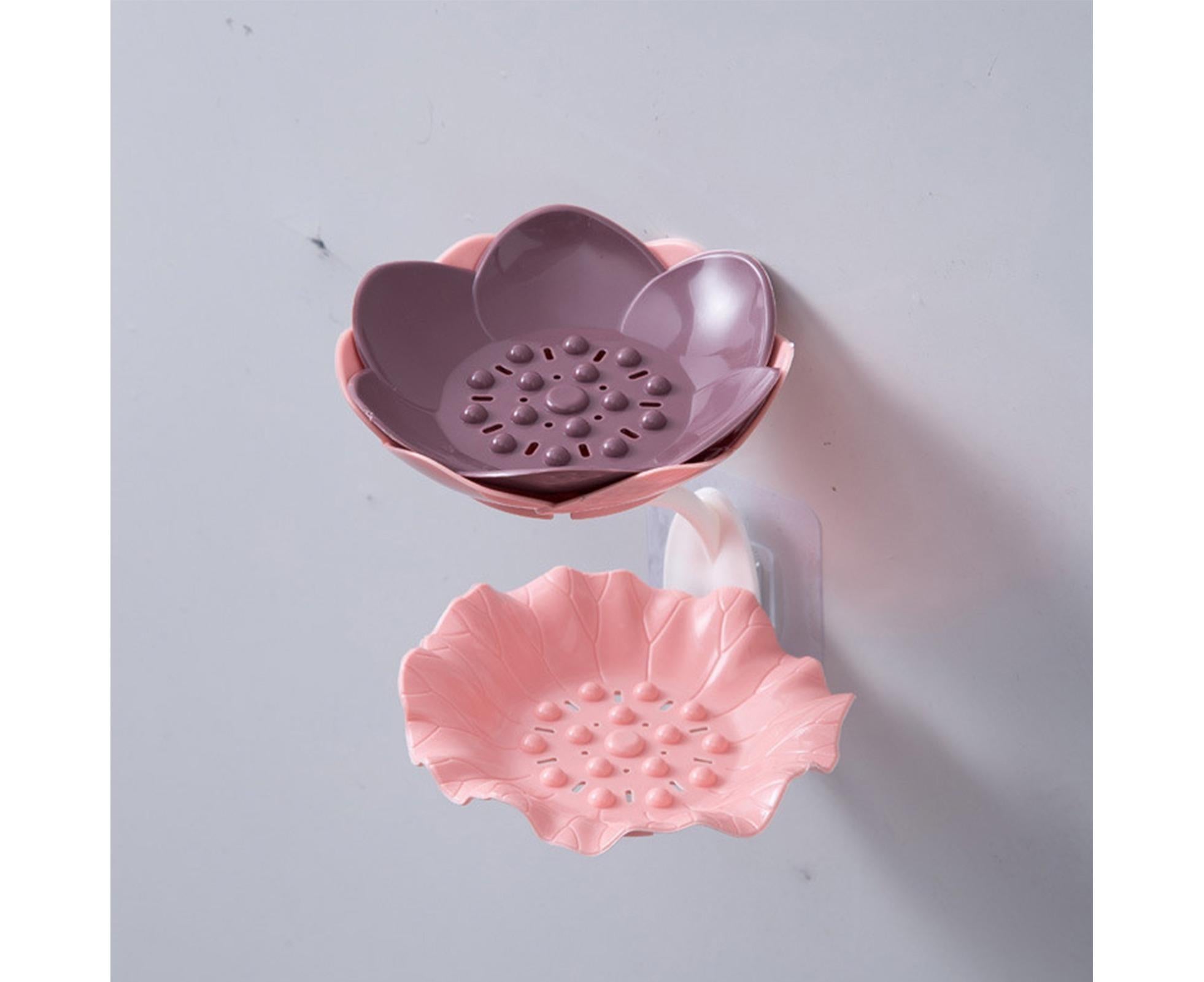 Soap Holder Quick Drainage Self Adhesive Plastic Cute Flower Shape Punch-free Soap Box for Bathroom-Pink - Image 2