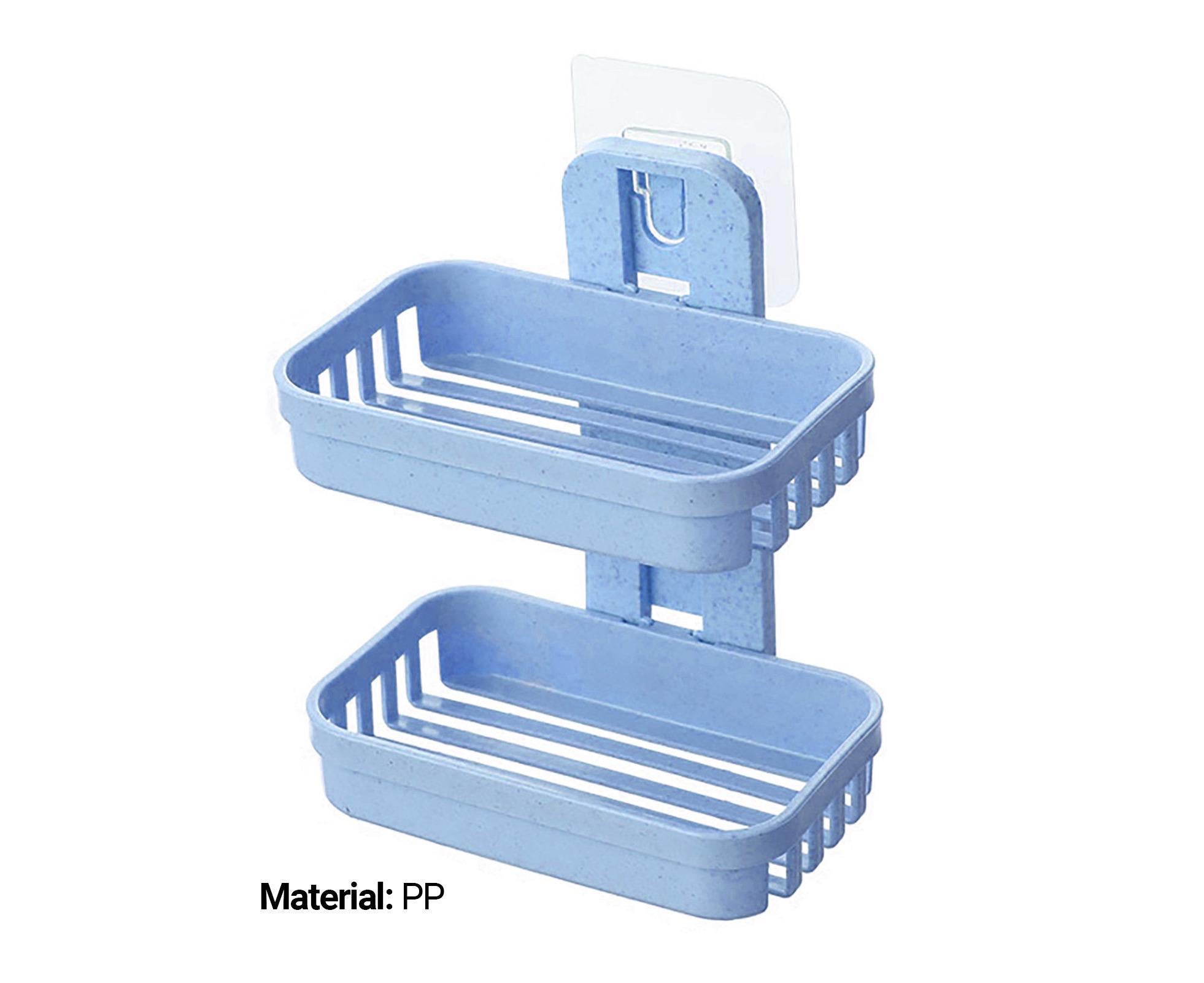 Soap Rack Multifunctional Punch-free Hollow Design Wall-mounted Double-deck Drainage Soap Storage Holder for Bathroom-Blue - Image 2
