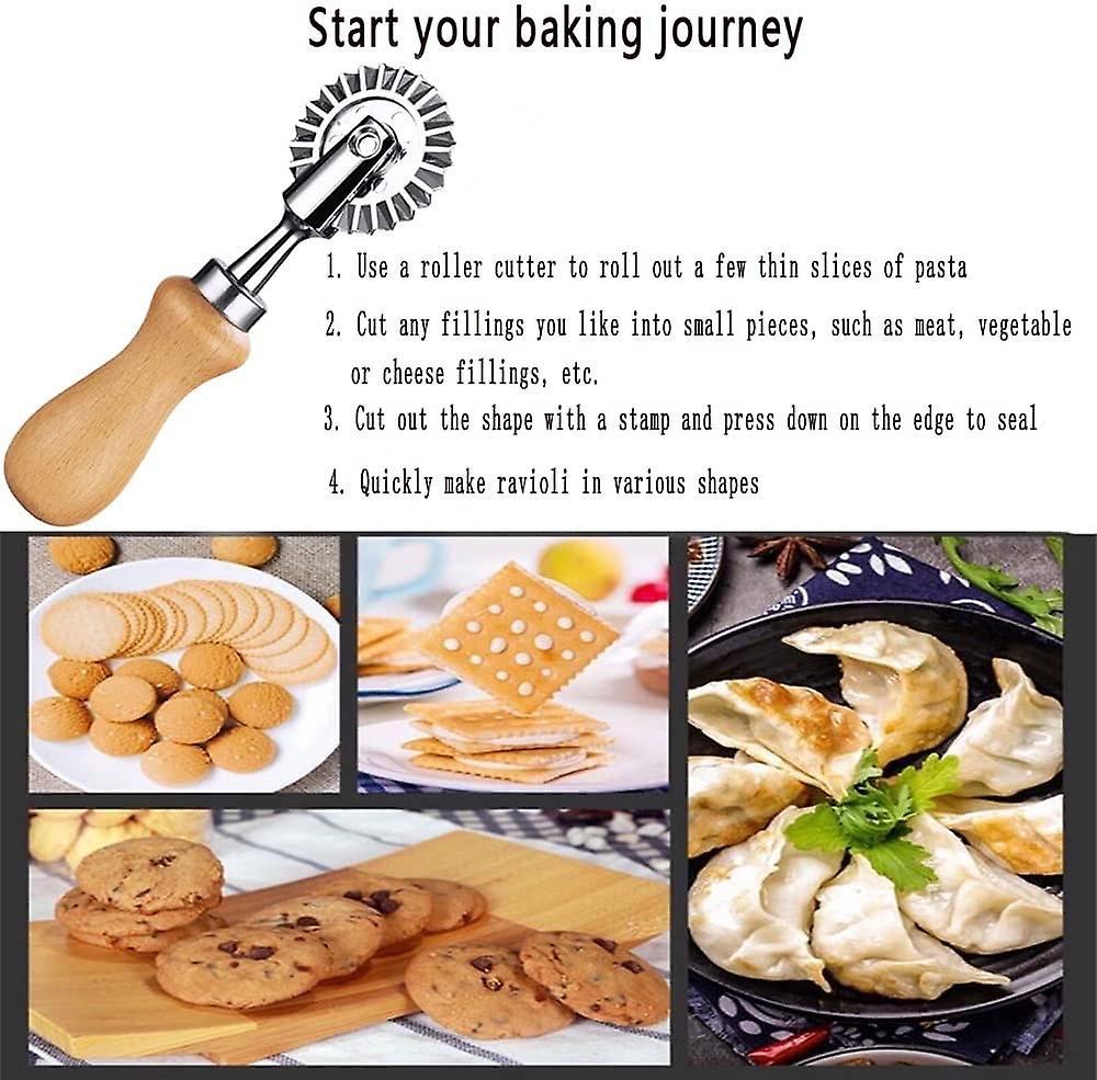 Ravioli Cutter Stamps with Roller Wheel Round Mold with Wooden Handle and Fluted Edge Pasta Press - Image 4